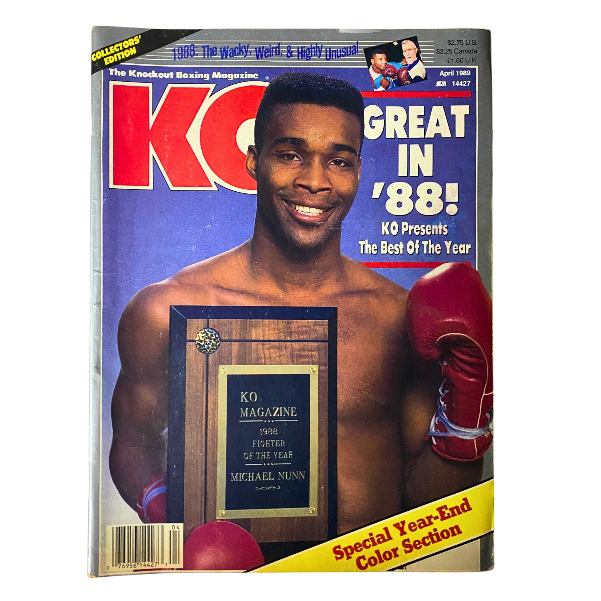 Cover of KO Boxing Magazine April 1989 featuring Michael Nunn, showcasing him with boxing gloves and a plaque for Fighter of the Year. Emphasizes the magazine's collectible nature.