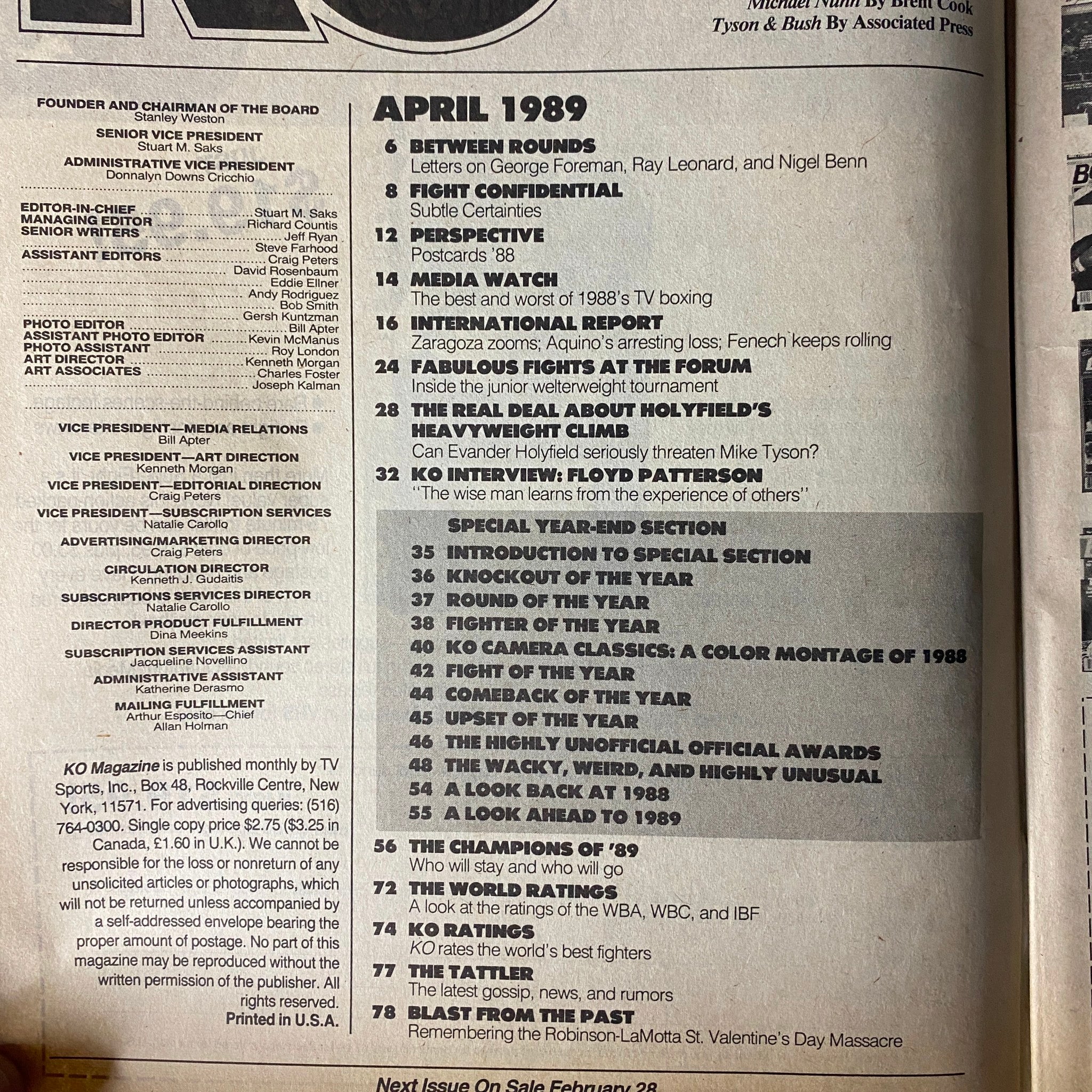 Interior page of KO Boxing Magazine April 1989 listing contents, including special year-end features and notable boxing events, highlighting the magazine's in-depth coverage.