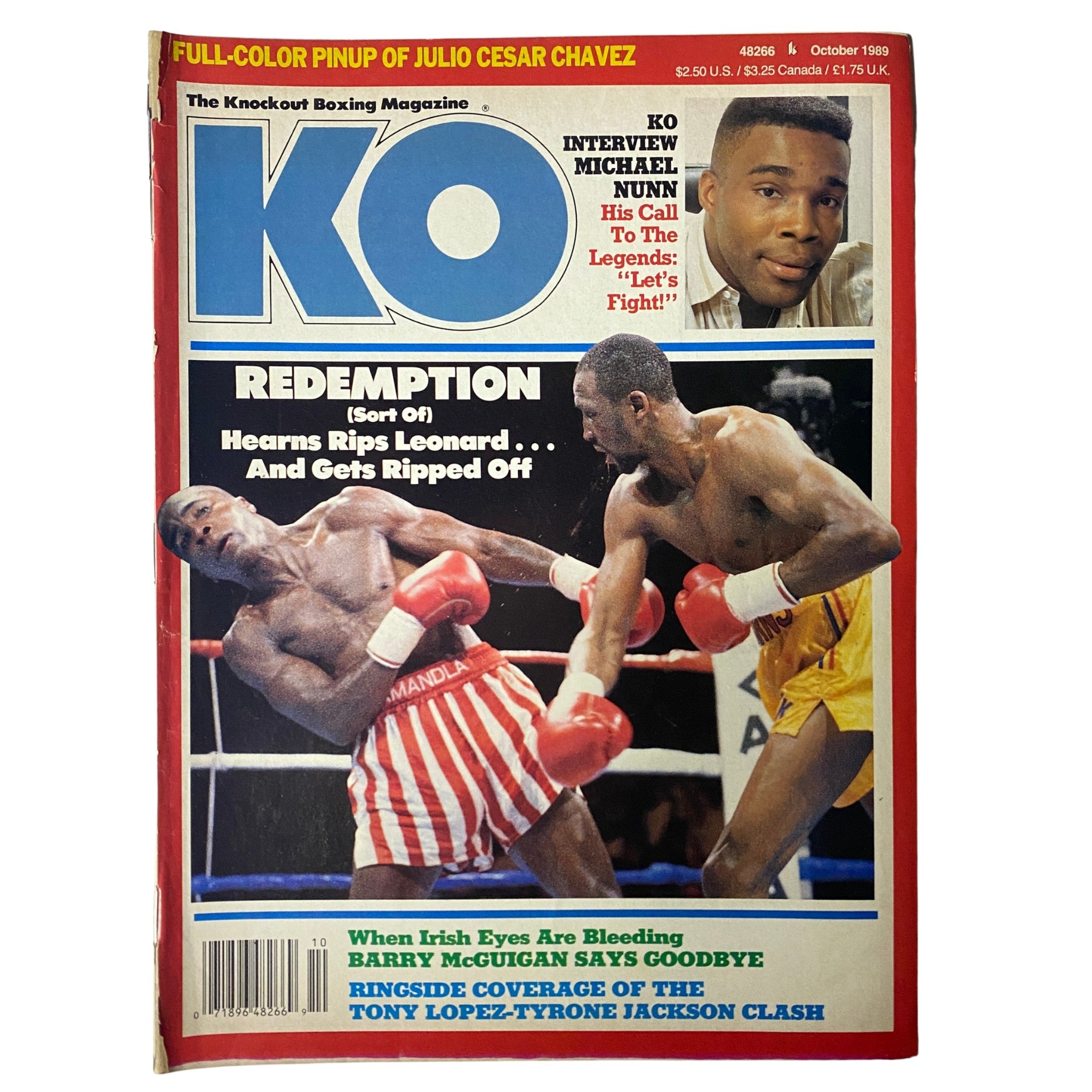 Cover of KO Boxing Magazine from October 1989 featuring Sugar Ray Leonard and Thomas Hearns, highlighting their rematch and including an interview with Michael Nunn.