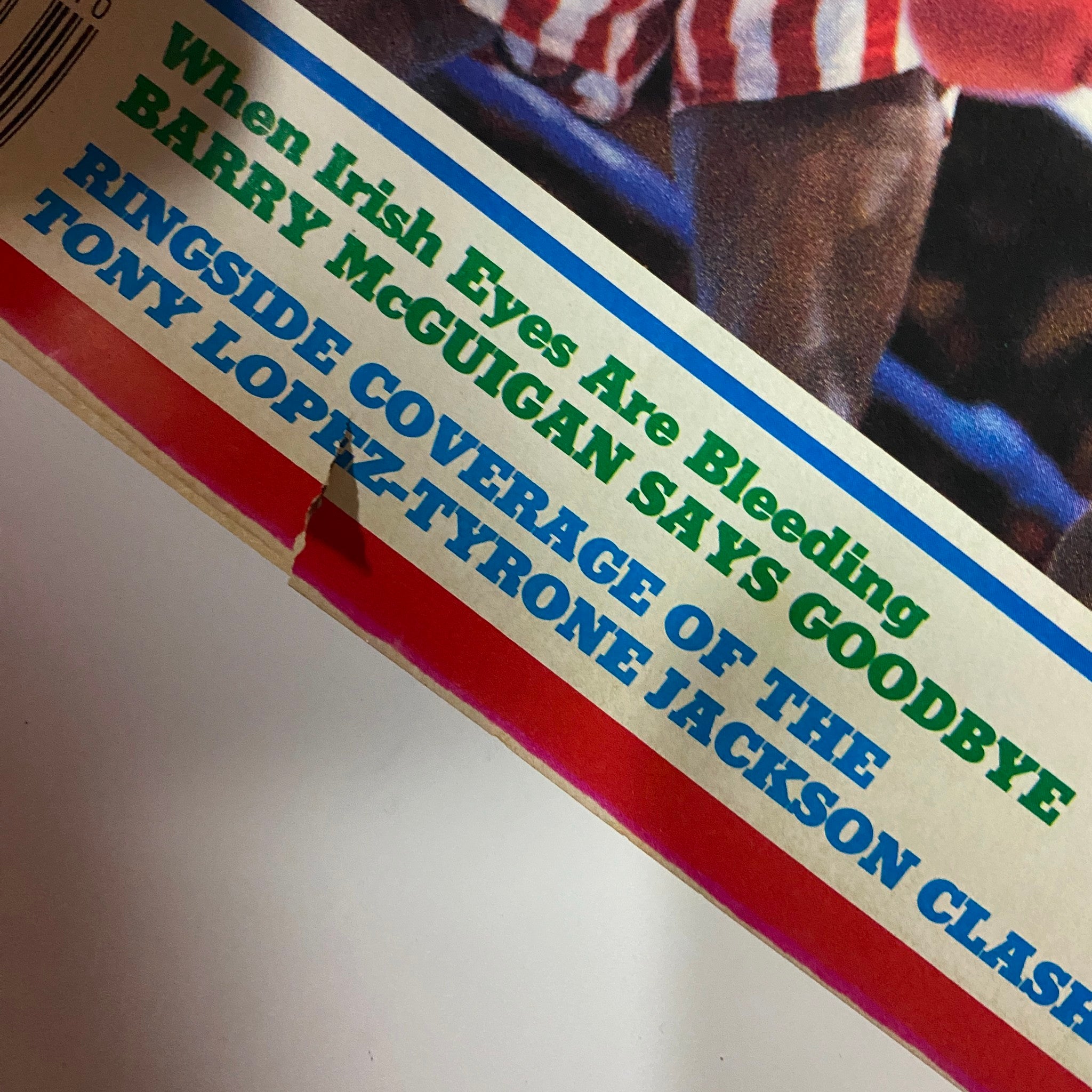Detail from KO Boxing Magazine October 1989 featuring article title 'When Irish Eyes Are Bleeding' by Barry McGuigan, highlighting loss and coverage of the Tony Lopez-Tyrone Jackson clash.