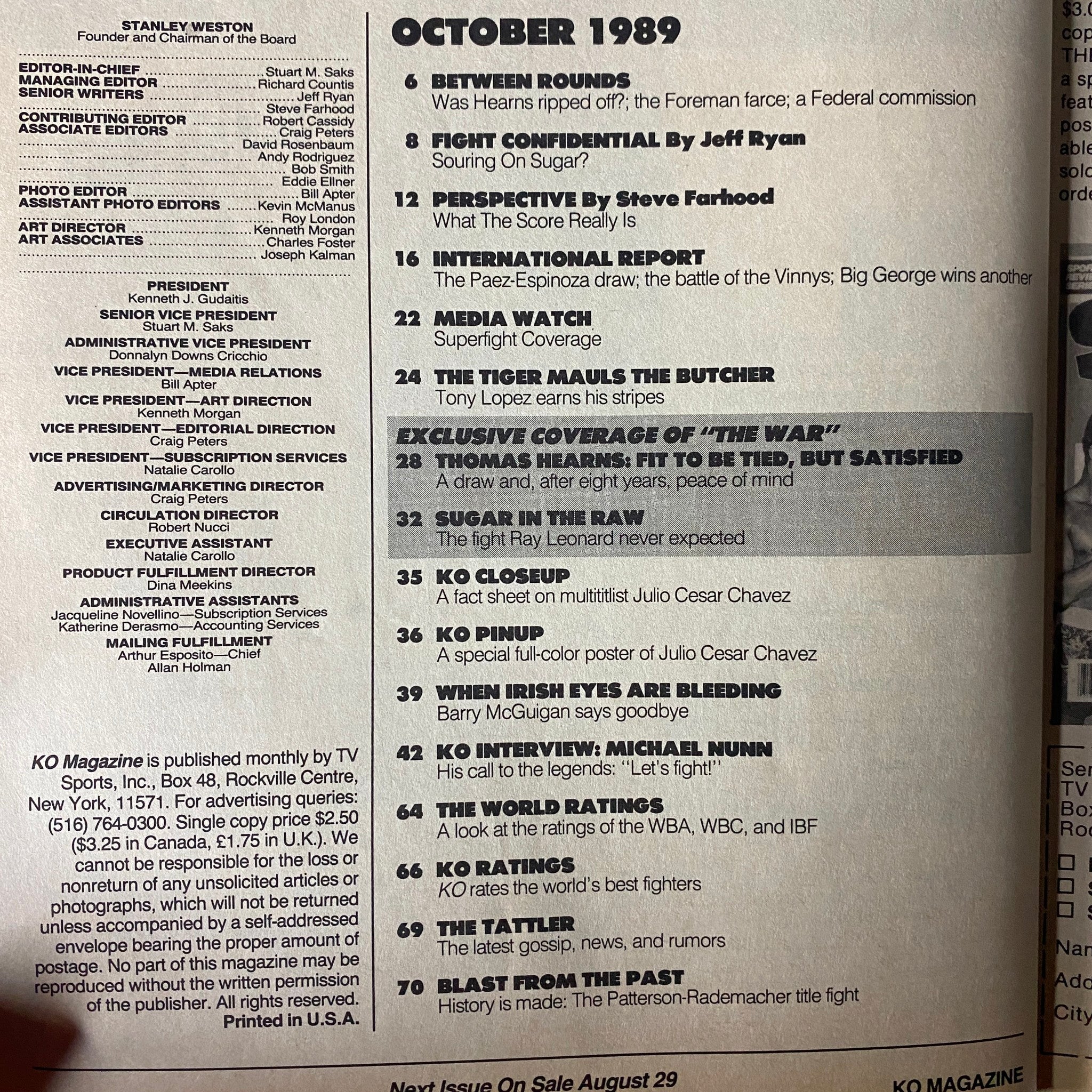 Table of contents from KO Boxing Magazine October 1989 listing features such as 'Between Rounds', 'Fight Confidential', and exclusive coverage of the Leonard-Hearns rematch.