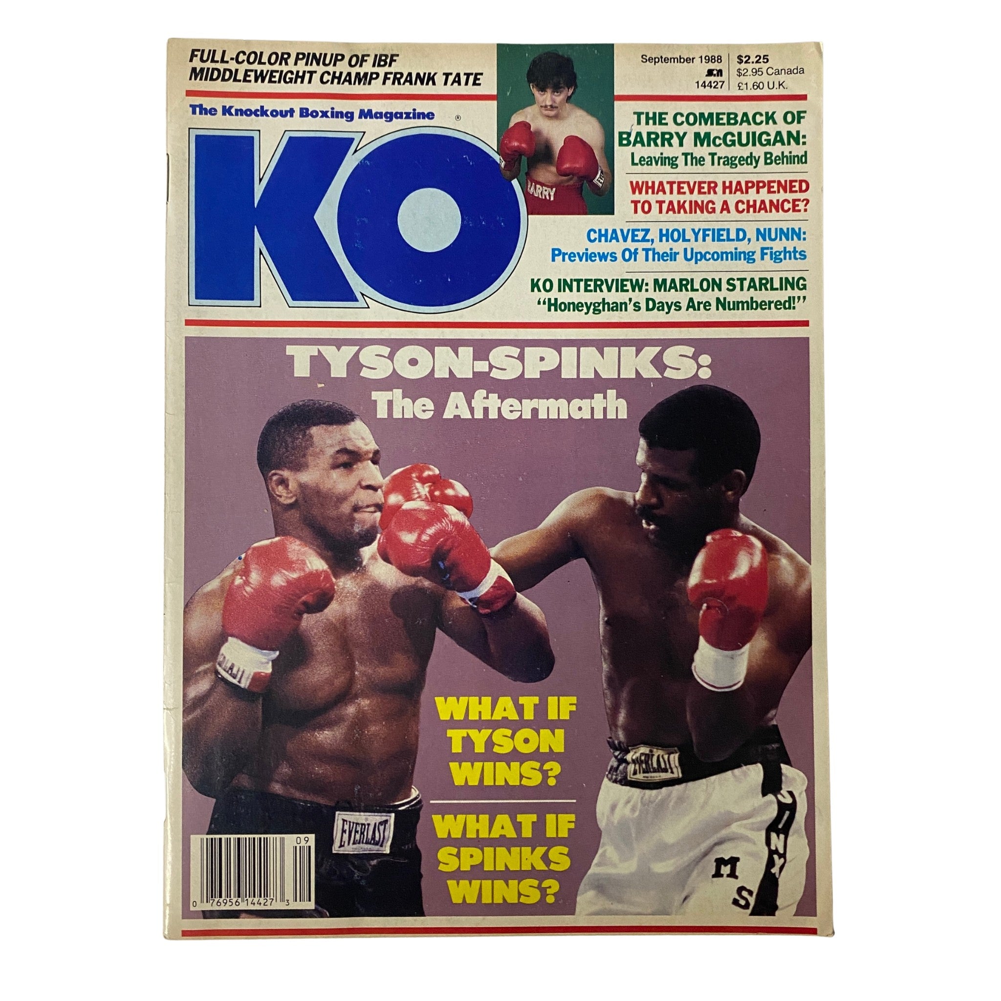 Cover of KO Boxing Magazine September 1988 featuring Mike Tyson and Michael Spinks, showcasing the aftermath of their fight. The magazine is a collectible item for boxing fans.
