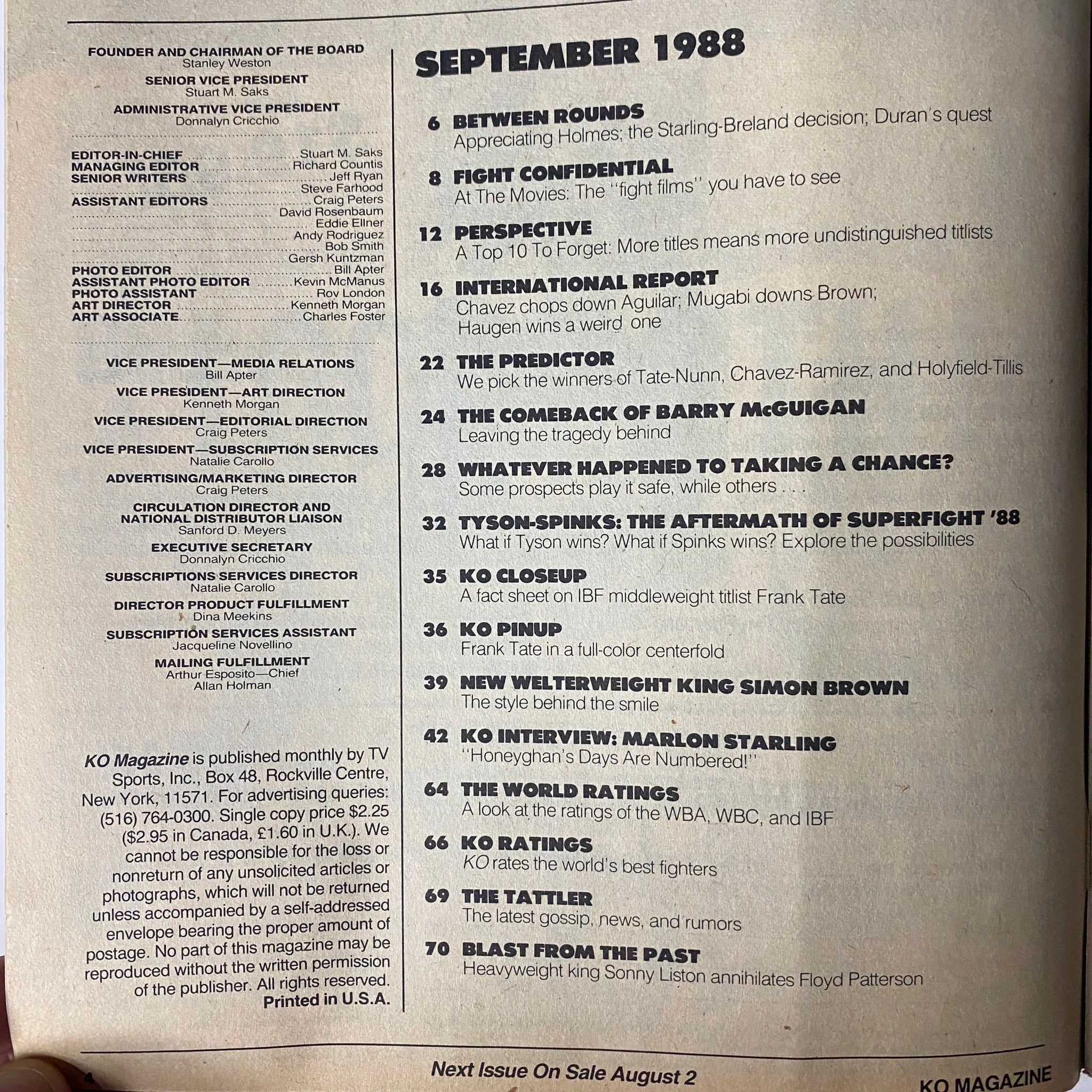 Inside pages of KO Boxing Magazine September 1988, detailing contents including articles on boxing legends and upcoming fights, as well as an overview of the magazine's features.