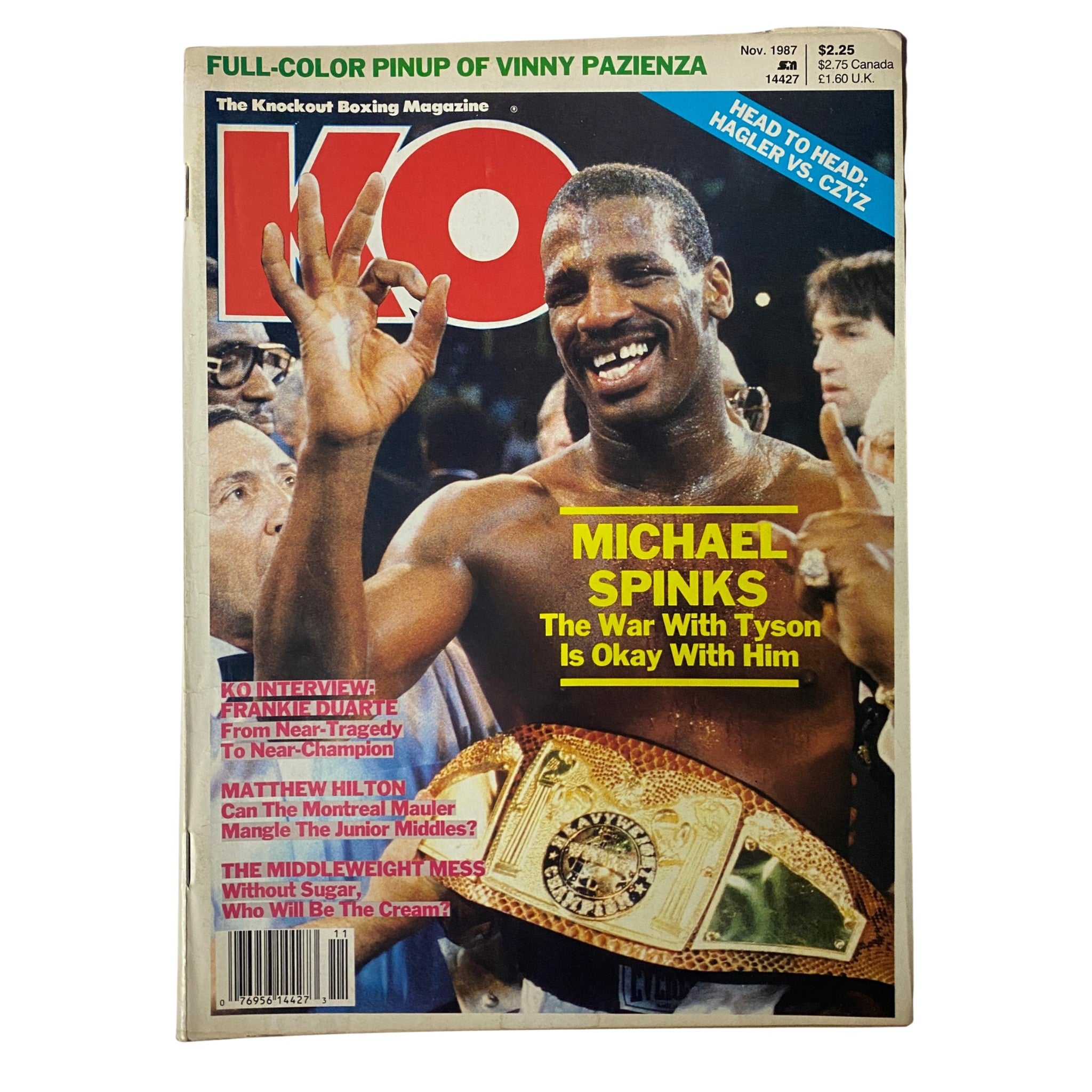 KO Boxing Magazine November 1987 featuring Michael Spinks on the cover, showcasing in-depth coverage of his boxing career and match against Mike Tyson, including highlights like a pinup of Vinny Pazienza and various articles on notable fights.