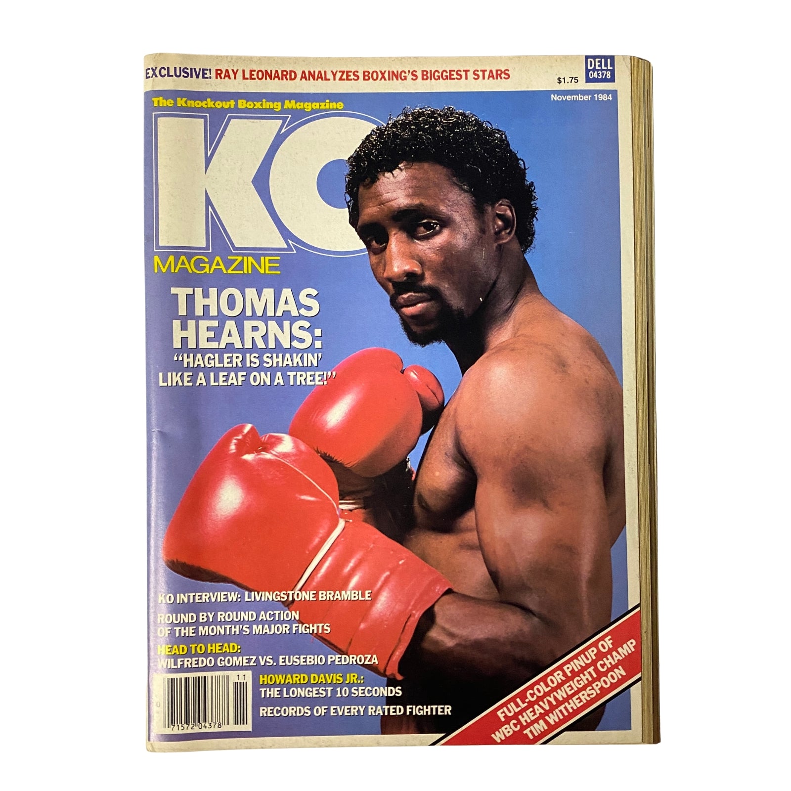 Cover of KO Boxing Magazine November 1984 featuring Thomas Hearns, highlighting his boxing career with a powerful photo and the text 'Hagler is Shakin’ like a Leaf on a Tree.' 