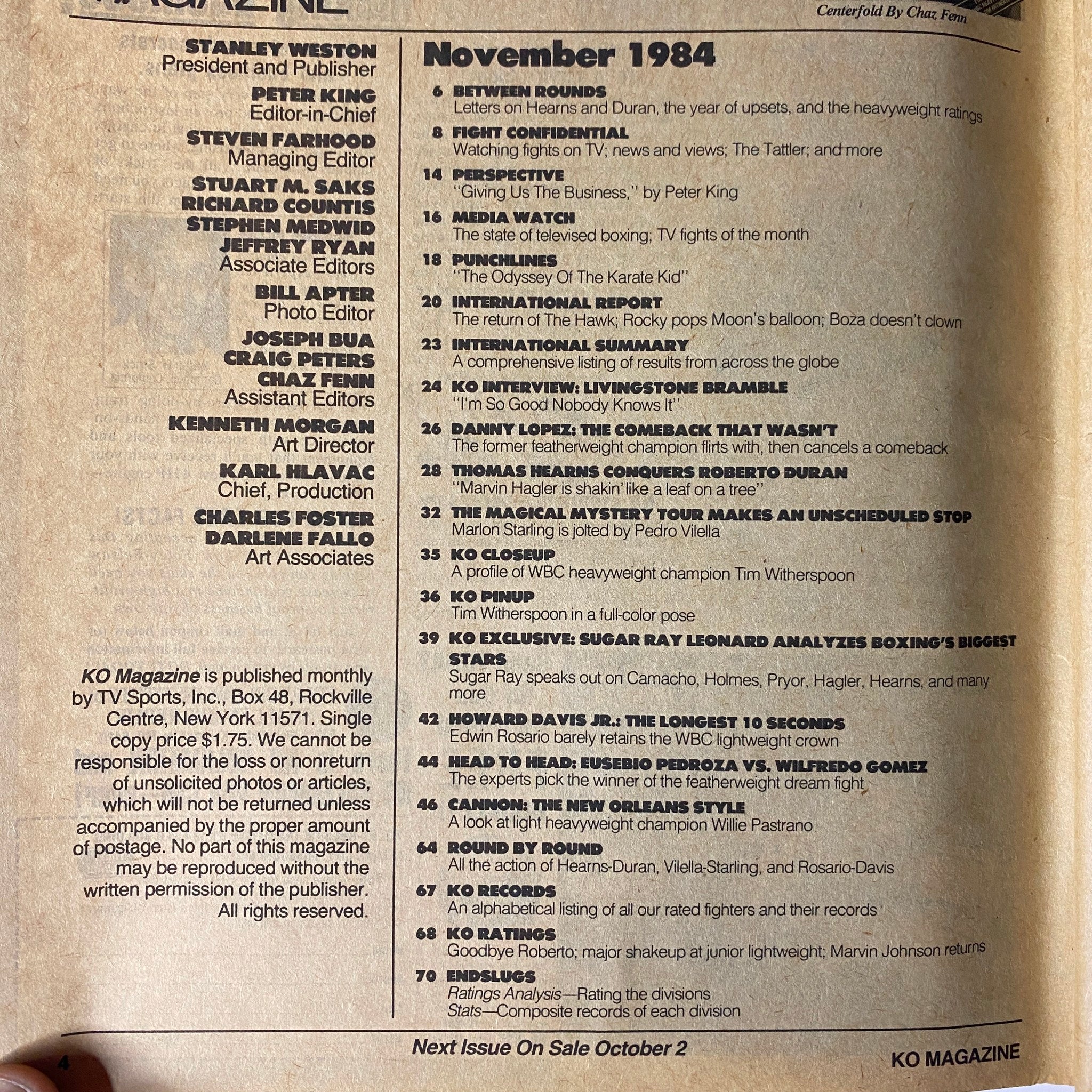 Inside page of KO Boxing Magazine November 1984, listing contents of the issue including features like 'KO Interview: Livingstone Bramble' and 'Howard Davis Jr.: The Longest 10 Seconds.' 