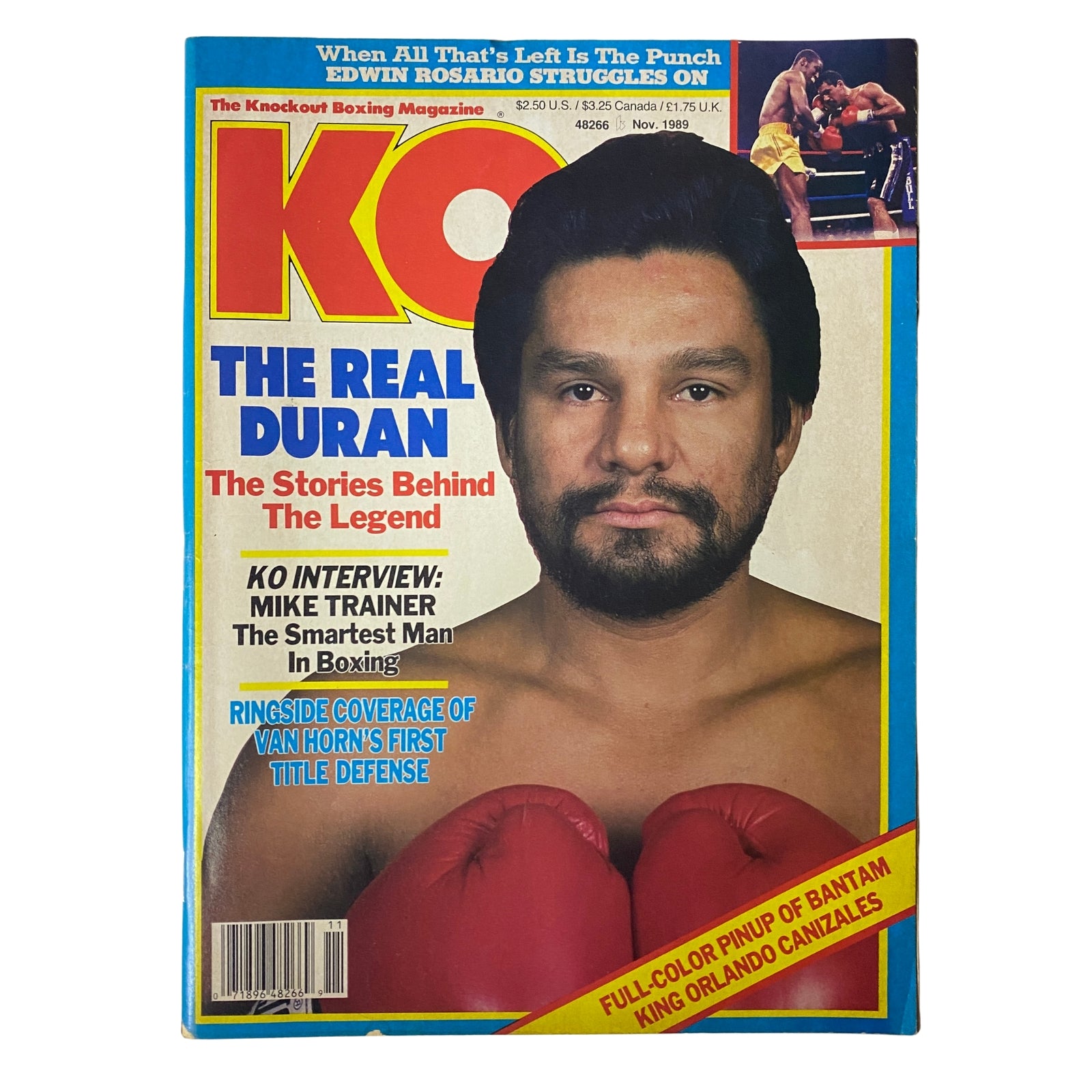 KO Boxing Magazine November 1989 featuring Roberto Durán on the cover, highlighting stories behind the legend and boxing insights.