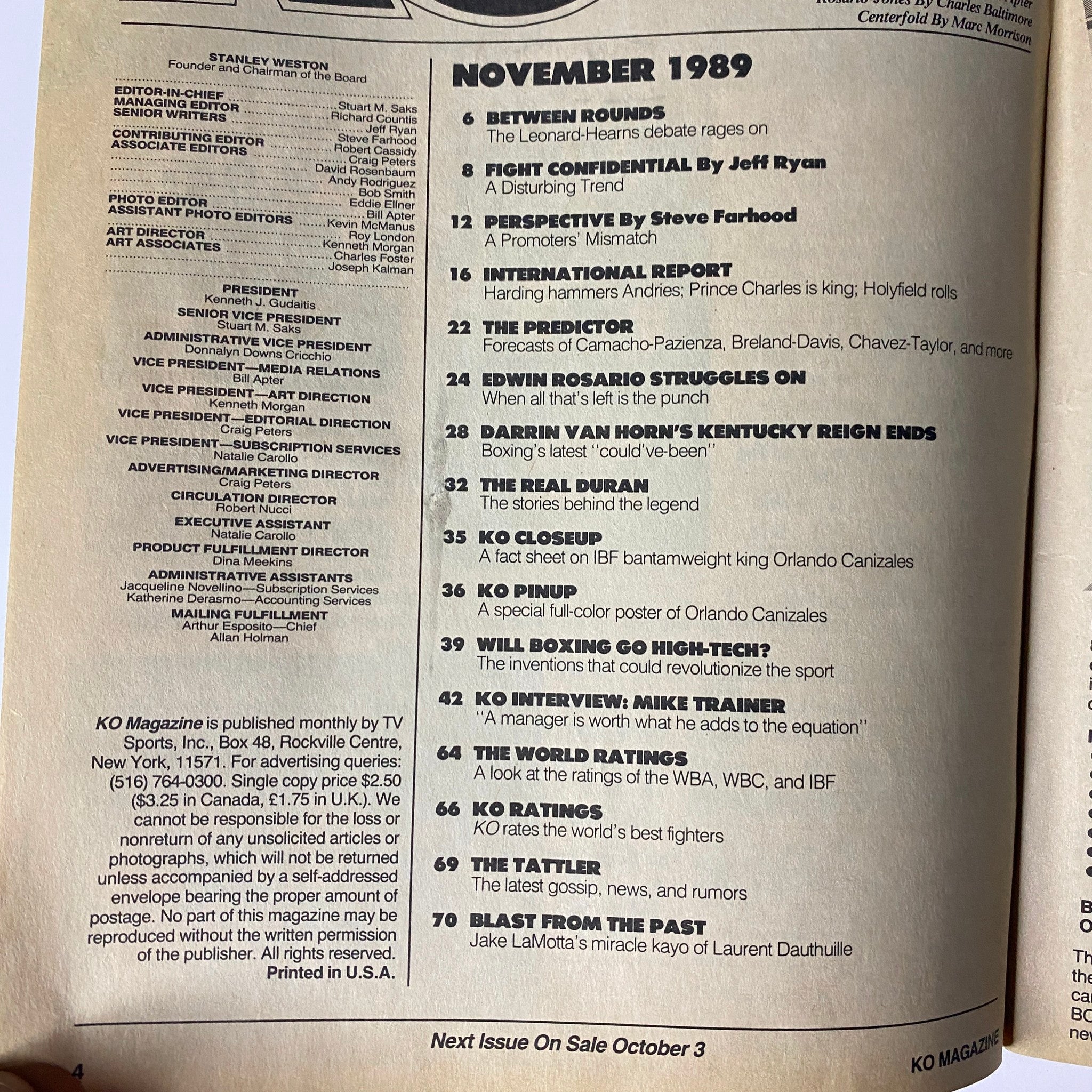 Table of contents from KO Boxing Magazine November 1989, detailing articles including 'Between Rounds' and 'Fight Confidential'.