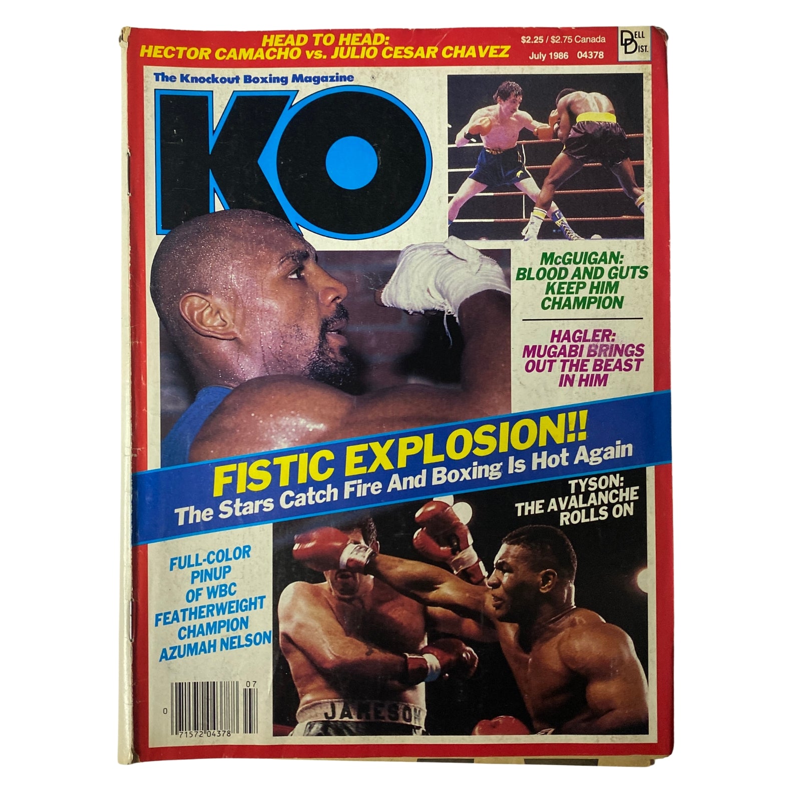 KO Boxing Magazine cover from July 1986 featuring Mike Tyson with the headline 'The Avalanche Rolls On', showcasing a boxing match moment with Hector Camacho vs. Julio Cesar Chavez.