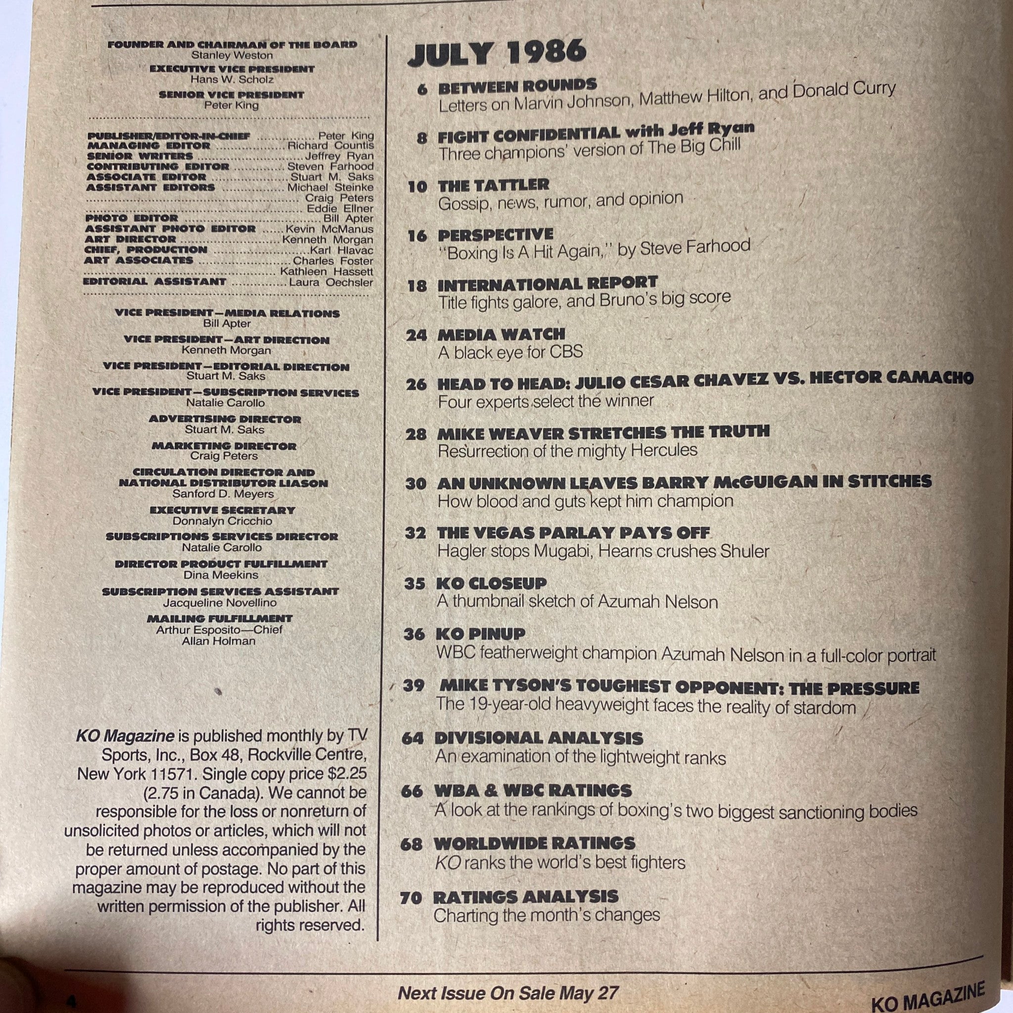 Page from KO Boxing Magazine July 1986 featuring the contents list, highlighting articles on Hector Camacho vs. Julio Cesar Chavez, Mike Weaver, Azumah Nelson, and boxing rankings.