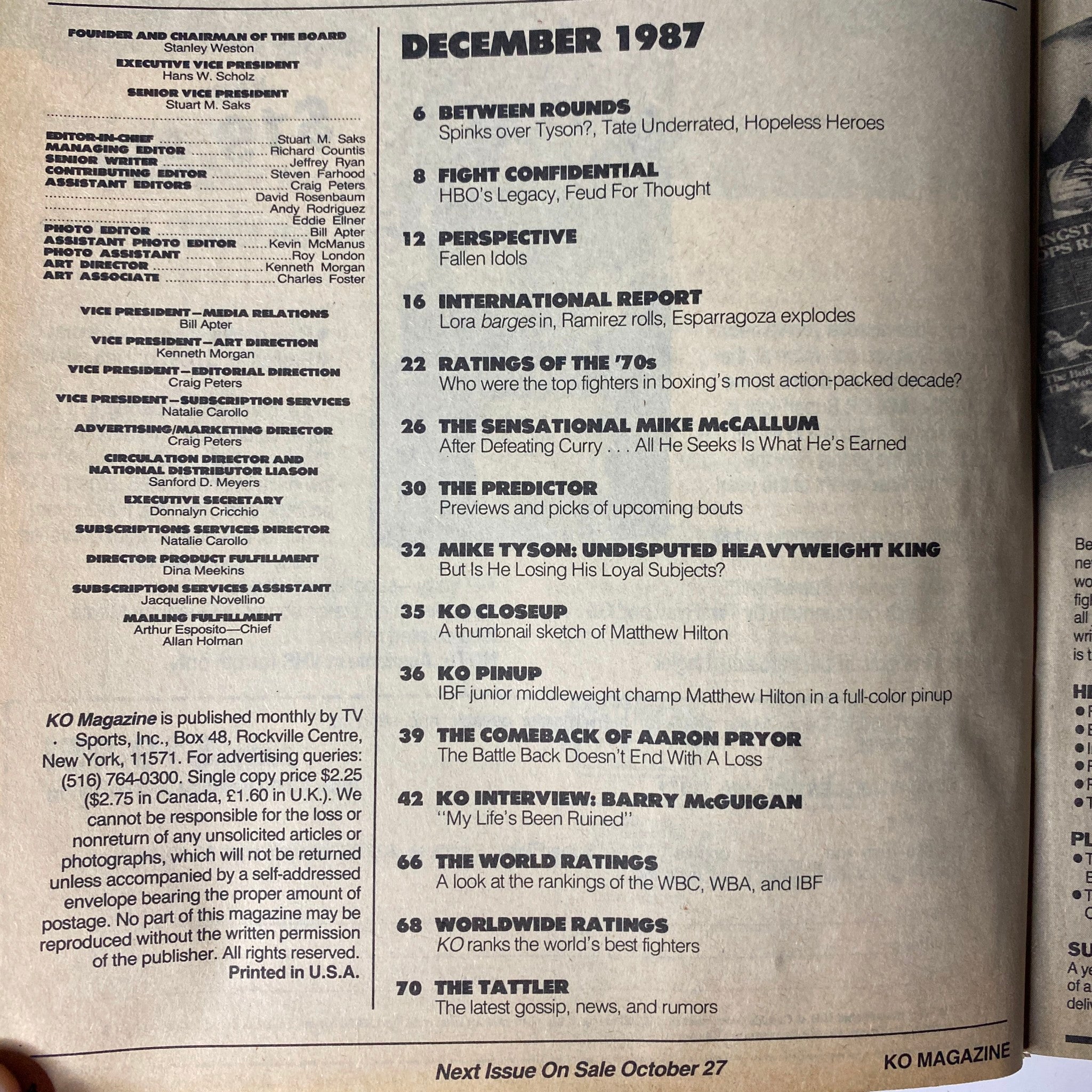 Interior page from KO Boxing Magazine December 1987 listing contents including features on notable boxers like Aaron Pryor and Mike McCallum, along with event predictions and ratings.