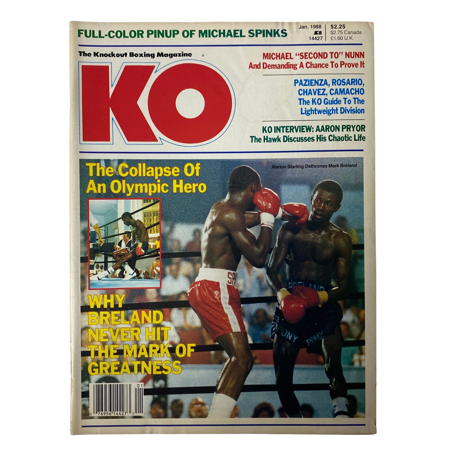 KO Boxing Magazine January 1988 featuring Marlon Starling and Mark Breland on the cover, showcasing an iconic boxing match moment. This magazine is part of boxing history, capturing the rivalry and dynamics of the welterweight division with highlights of notable fighters and events.