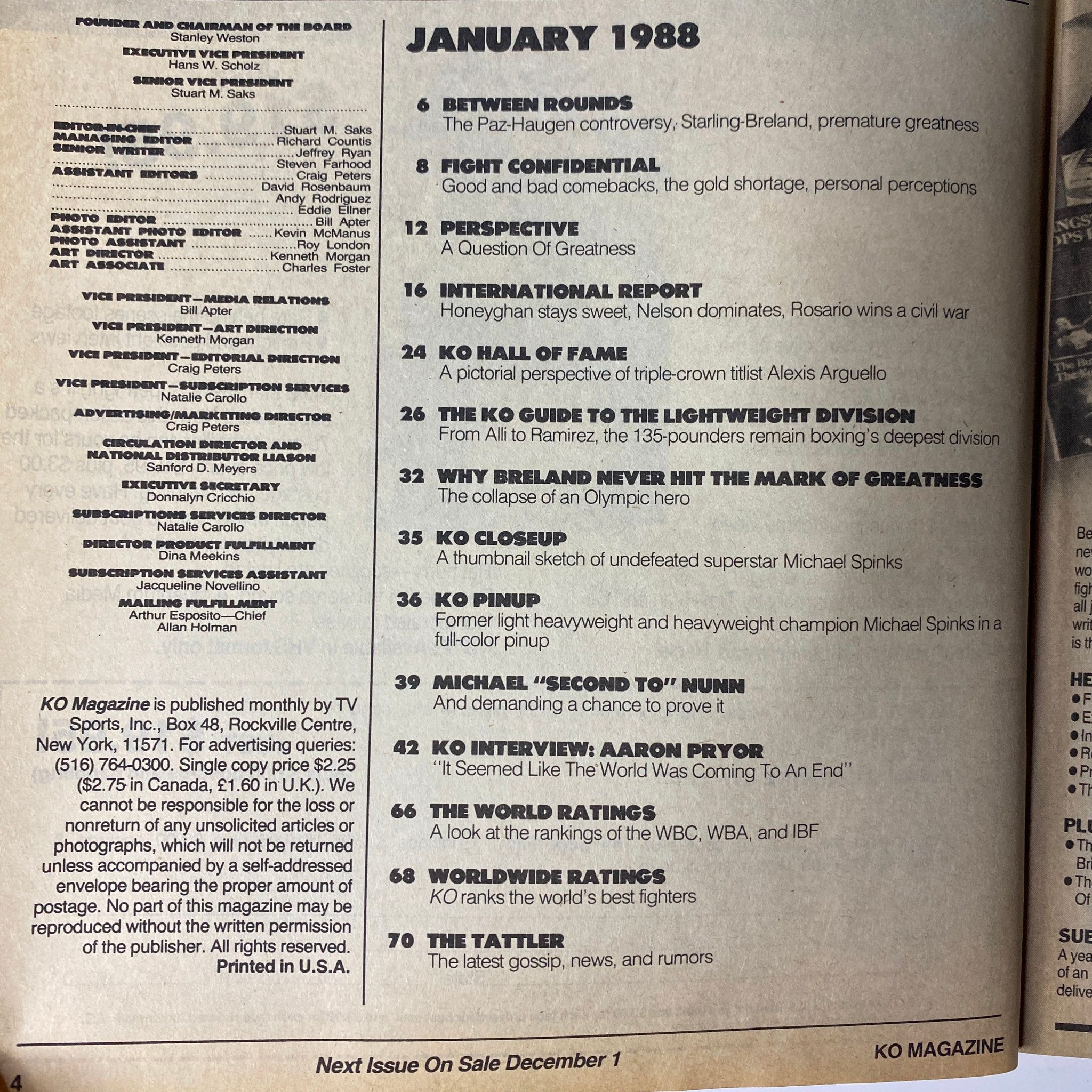 January 1988 issue of KO Boxing Magazine featuring a table of contents highlighting key articles, including Marlon Starling and Mark Breland rivalry, Fight Confidential, and profiles of boxing legends like Alexis Arguello and Michael Spinks. The magazine is titled 'KO Boxing Magazine January 1988 Marlon Starling & Mark Breland Cover No Label'.
