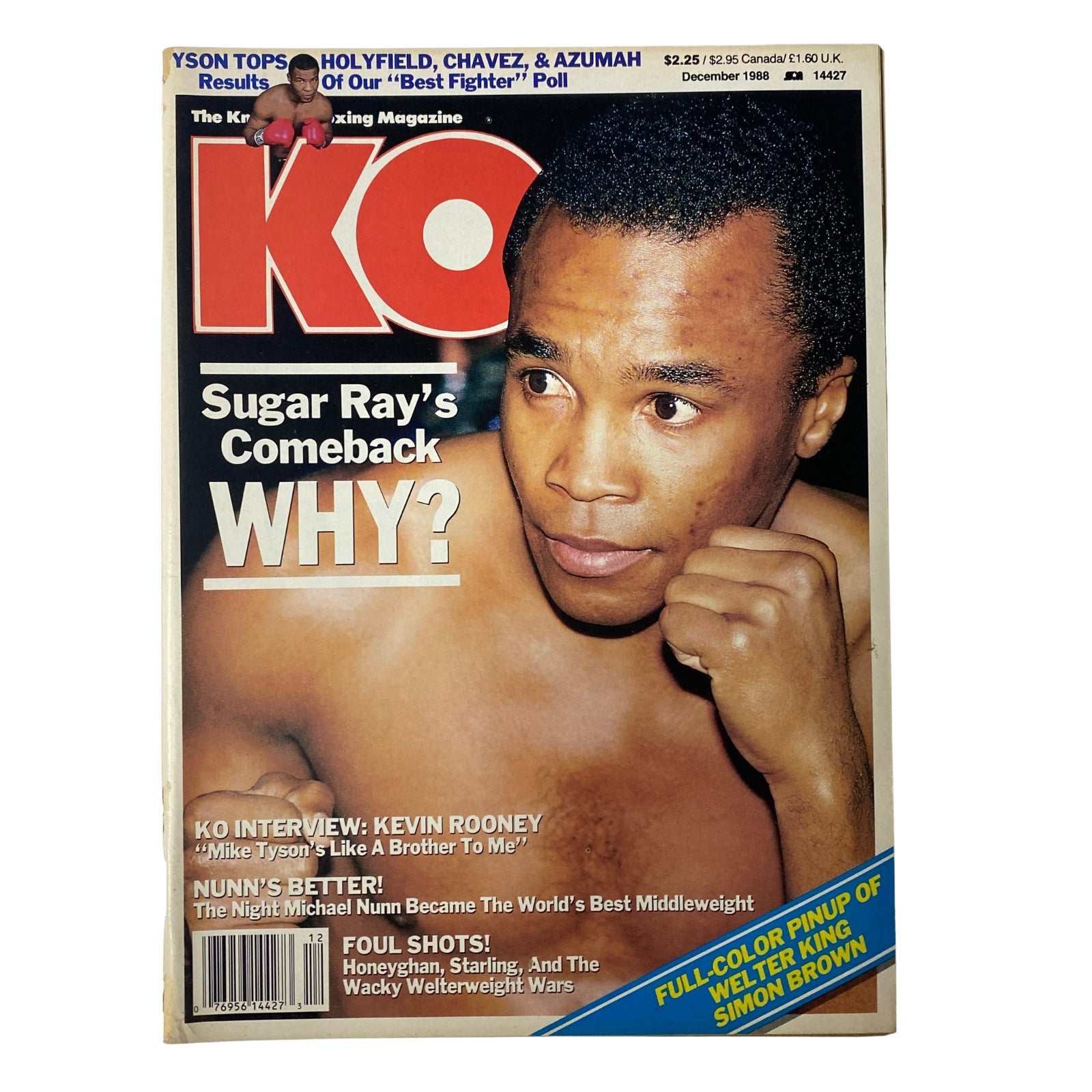 KO Boxing Magazine December 1988 featuring Sugar Ray Robinson on the cover, highlighting topics such as 'Sugar Ray’s Comeback' and various boxing articles.