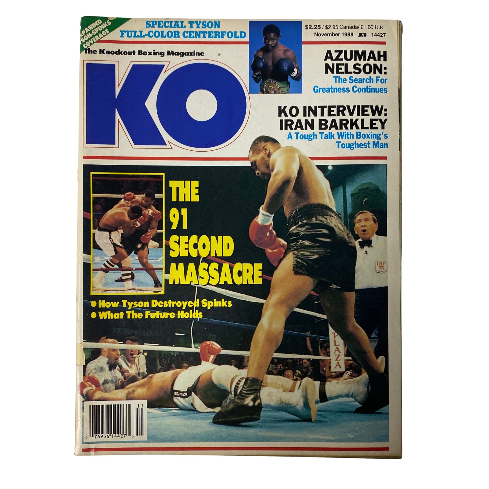 Cover of KO Boxing Magazine from November 1988 featuring Mike Tyson and Azumah Nelson. The magazine discusses Tyson's explosive victory over Michael Spinks among other boxing topics.