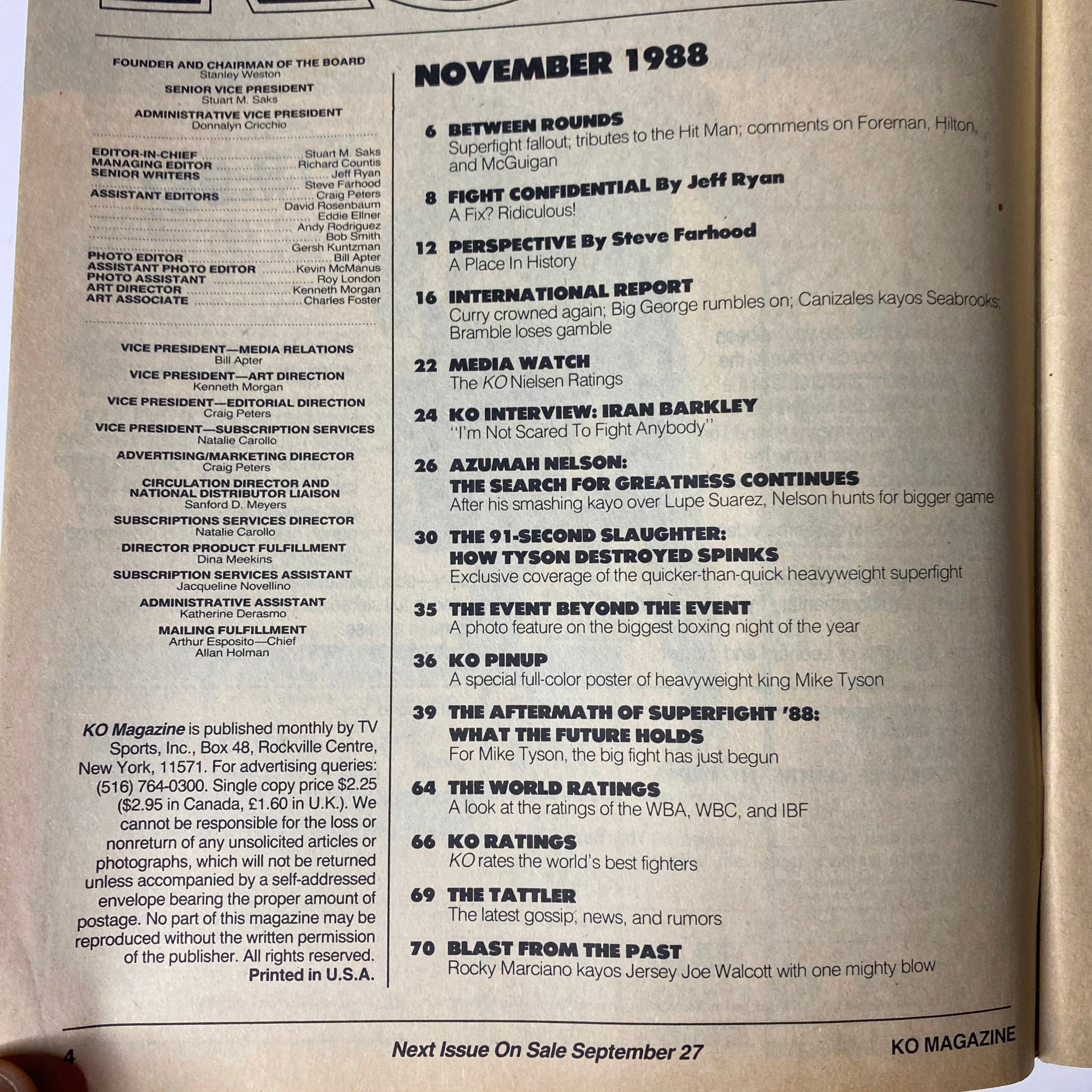 Contents page of KO Boxing Magazine November 1988, listing features including interviews, fight reports, and historical boxing events, highlighting contributions from notable figures in the sport.