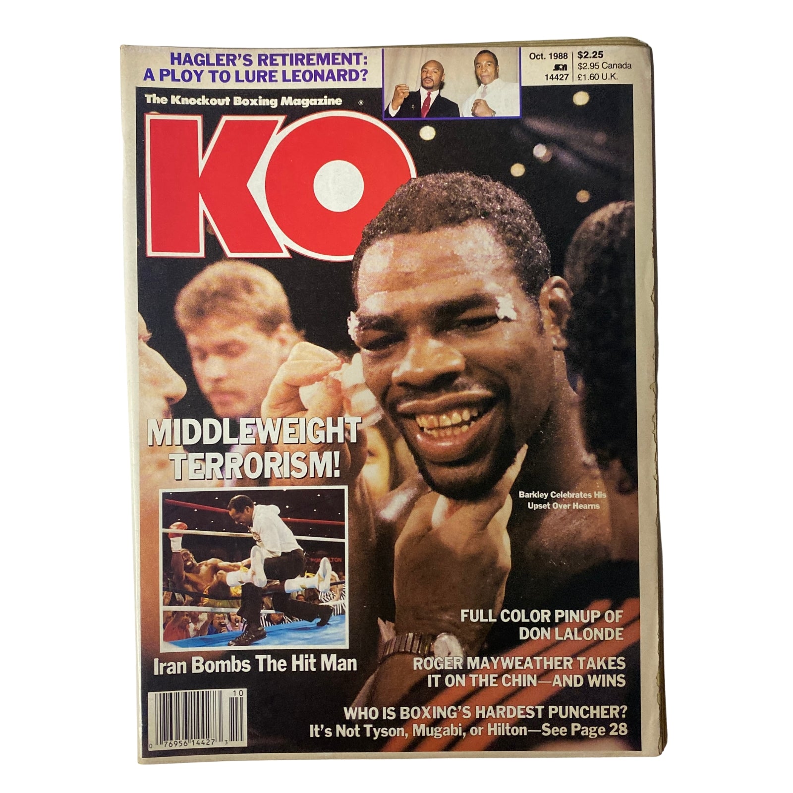 Cover of KO Boxing Magazine from October 1988 featuring Thomas Hearns vs. Iran Barkley, highlighting the dramatic upset with the headline 'Middleweight Terrorism!' featuring Iran Barkley, alongside additional content teasers.