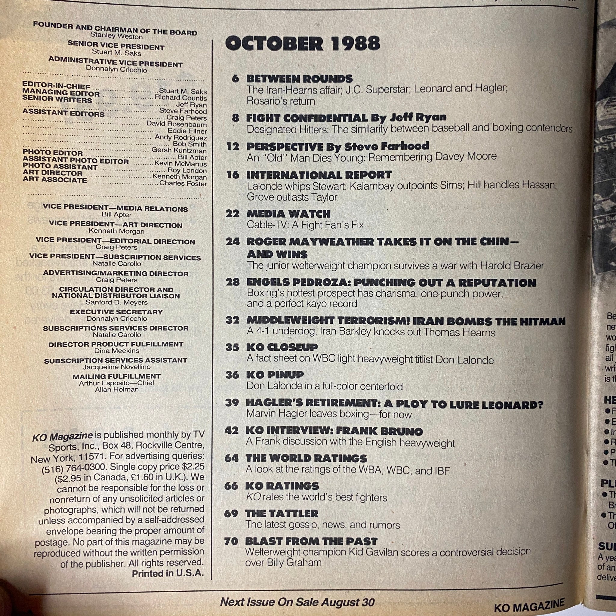 October 1988 KO Boxing Magazine pages featuring the contents and highlights of the issue with a focus on the Thomas Hearns vs. Iran Barkley fight.