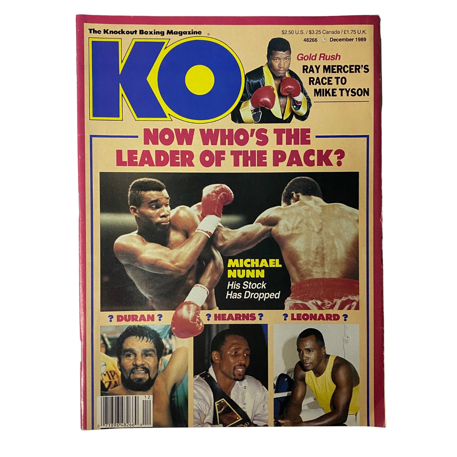 KO Boxing Magazine December 1989 cover featuring Michael Nunn and Roberto Durán, highlighting boxing legends with the headline 'Now Who's the Leader of the Pack?'. Includes a feature on Ray Mercer's race to Mike Tyson.