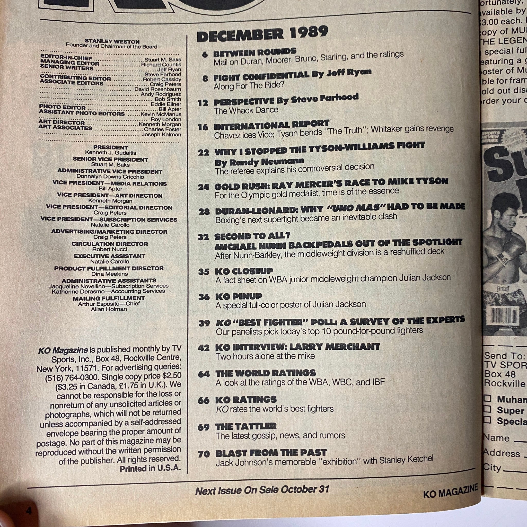 Inside pages of KO Boxing Magazine December 1989, showcasing article titles and editorial features such as 'Between Rounds', 'Fight Confidential', and 'International Report', emphasizing key boxing events and analyses.