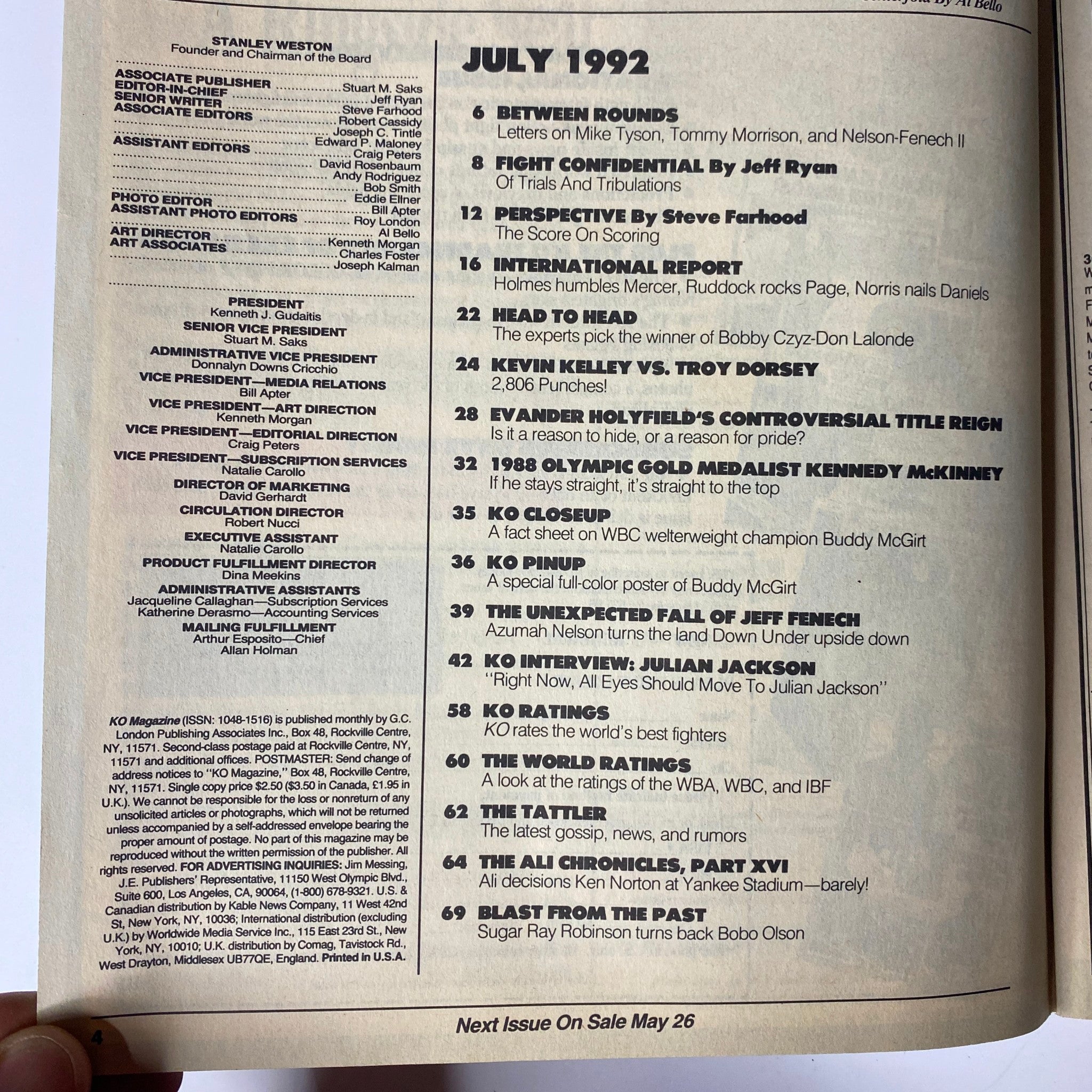 Contents page of KO Boxing Magazine July 1992 featuring a list of articles including 'Fight Confidential' by Jeff Ryan and 'Evander Holyfield’s Controversial Title Reign,' reflecting on significant boxing events and figures of the time.