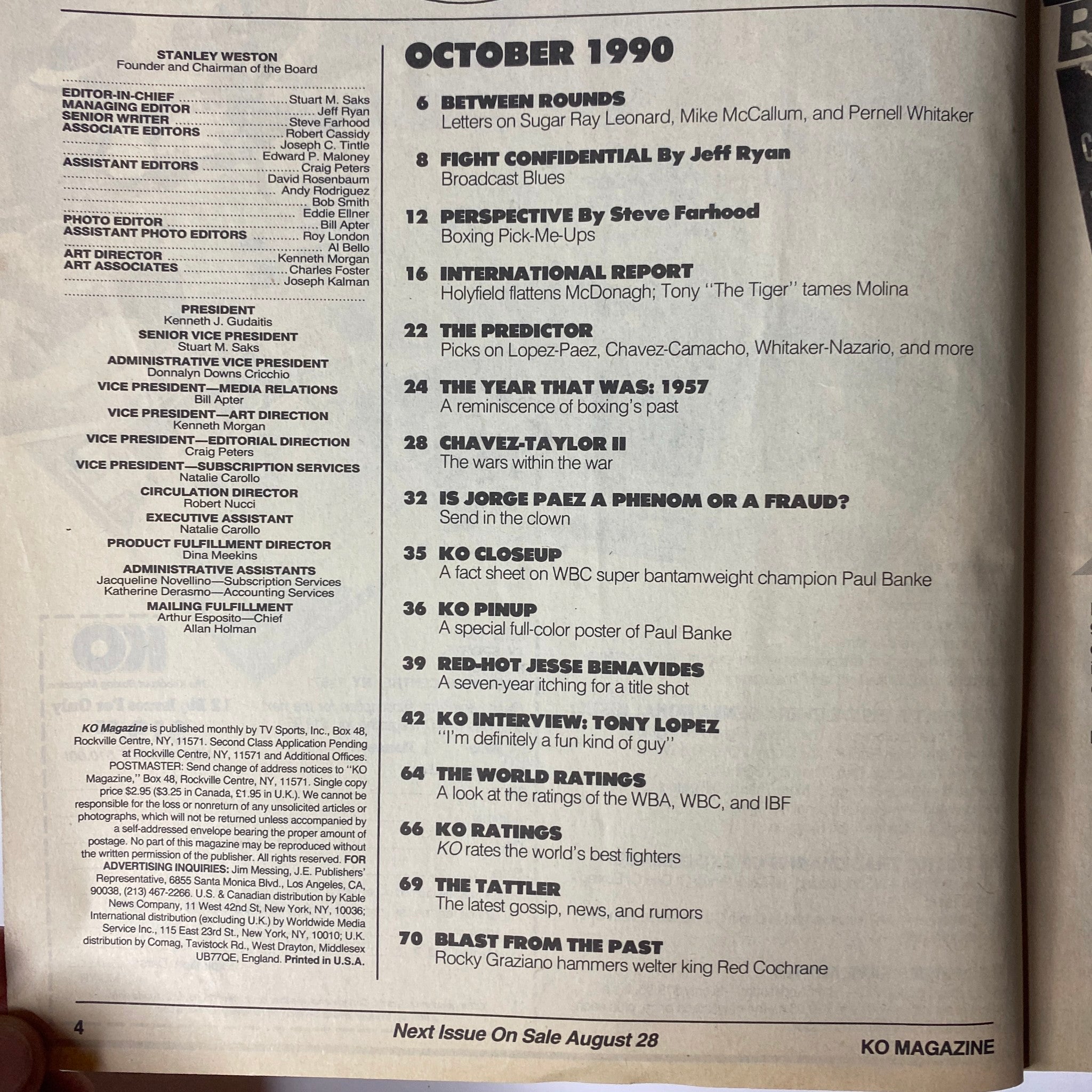 Inside page of KO Boxing Magazine from October 1990 featuring content overview, including articles such as 'Between Rounds,' 'Fight Confidential,' and 'Chavez-Taylor II.' Highlights Jorge Paez, showcasing the magazine's focus on notable boxers.