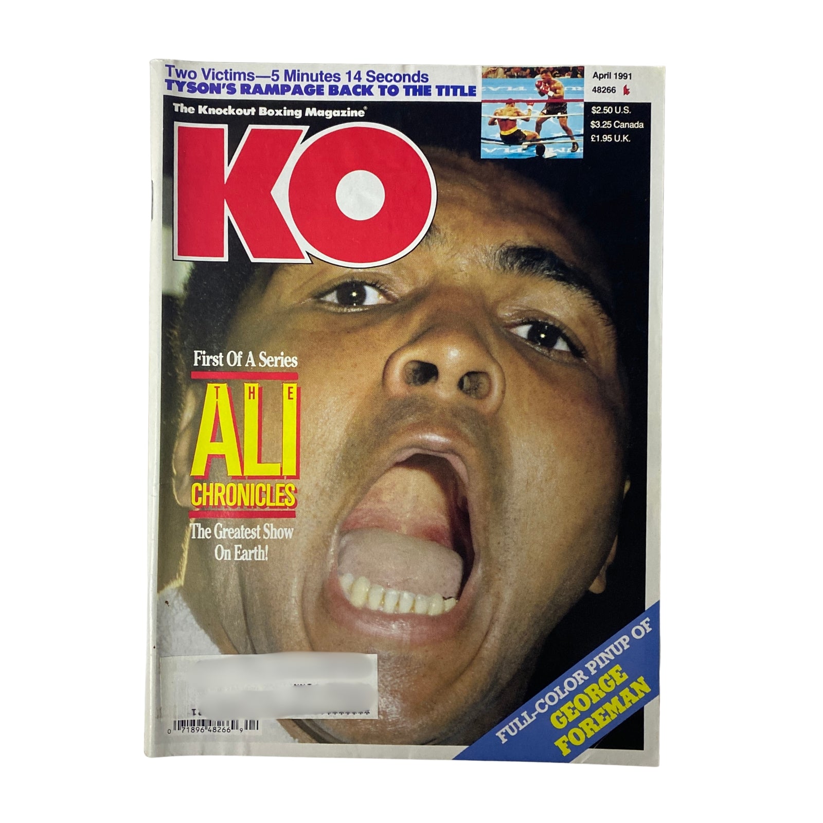 Cover of KO Boxing Magazine from April 1991 featuring Muhammad Ali, highlighting the debut of The Ali Chronicles series.