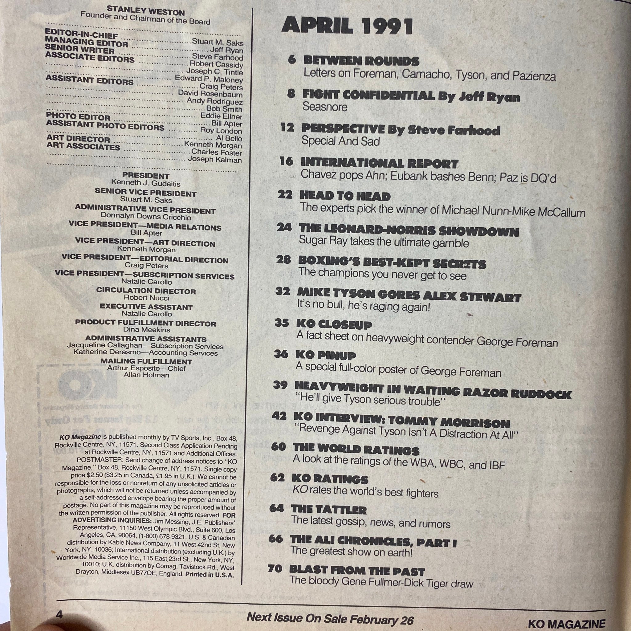 April 1991 issue contents page of KO Boxing Magazine, detailing articles and features including Between Rounds and Fight Confidential.