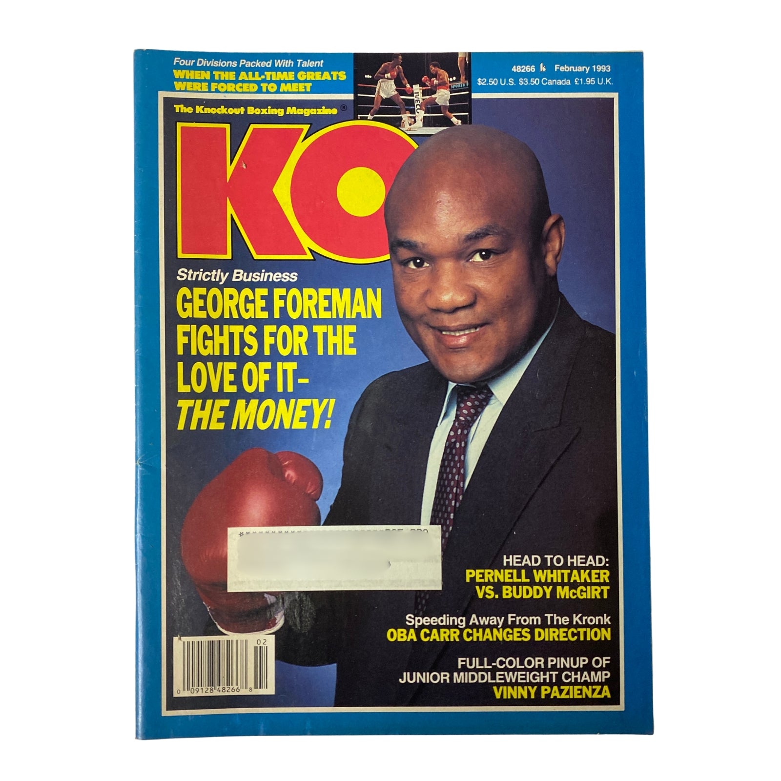 KO Boxing Magazine February 1993 featuring George Foreman on the cover, highlighting his statement about boxing as a business and including notable articles on other fighters.
