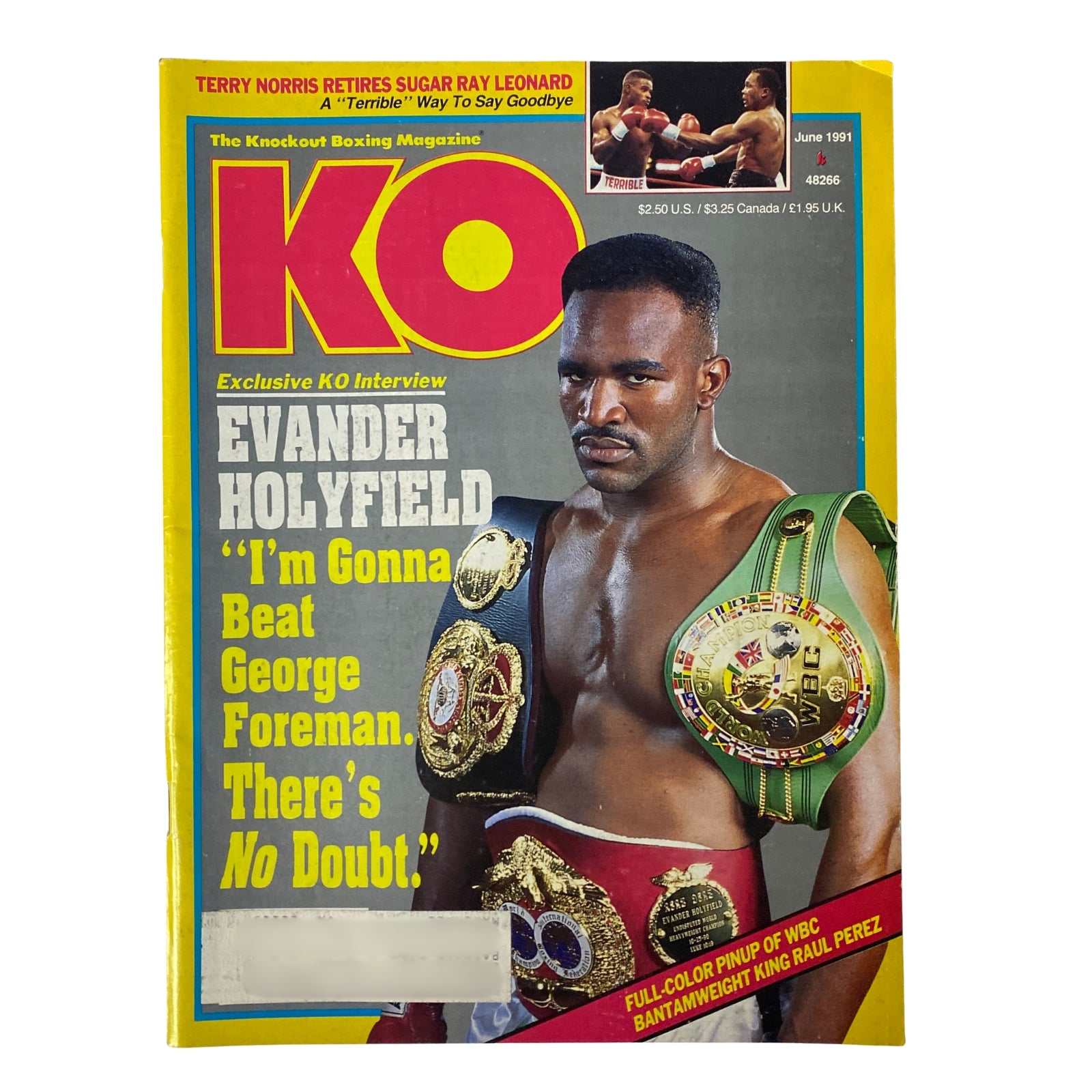 KO Boxing Magazine June 1991 featuring Evander Holyfield on the cover, with the quote 'I'm Gonna Beat George Foreman. There's No Doubt.' and showcasing championship belts.