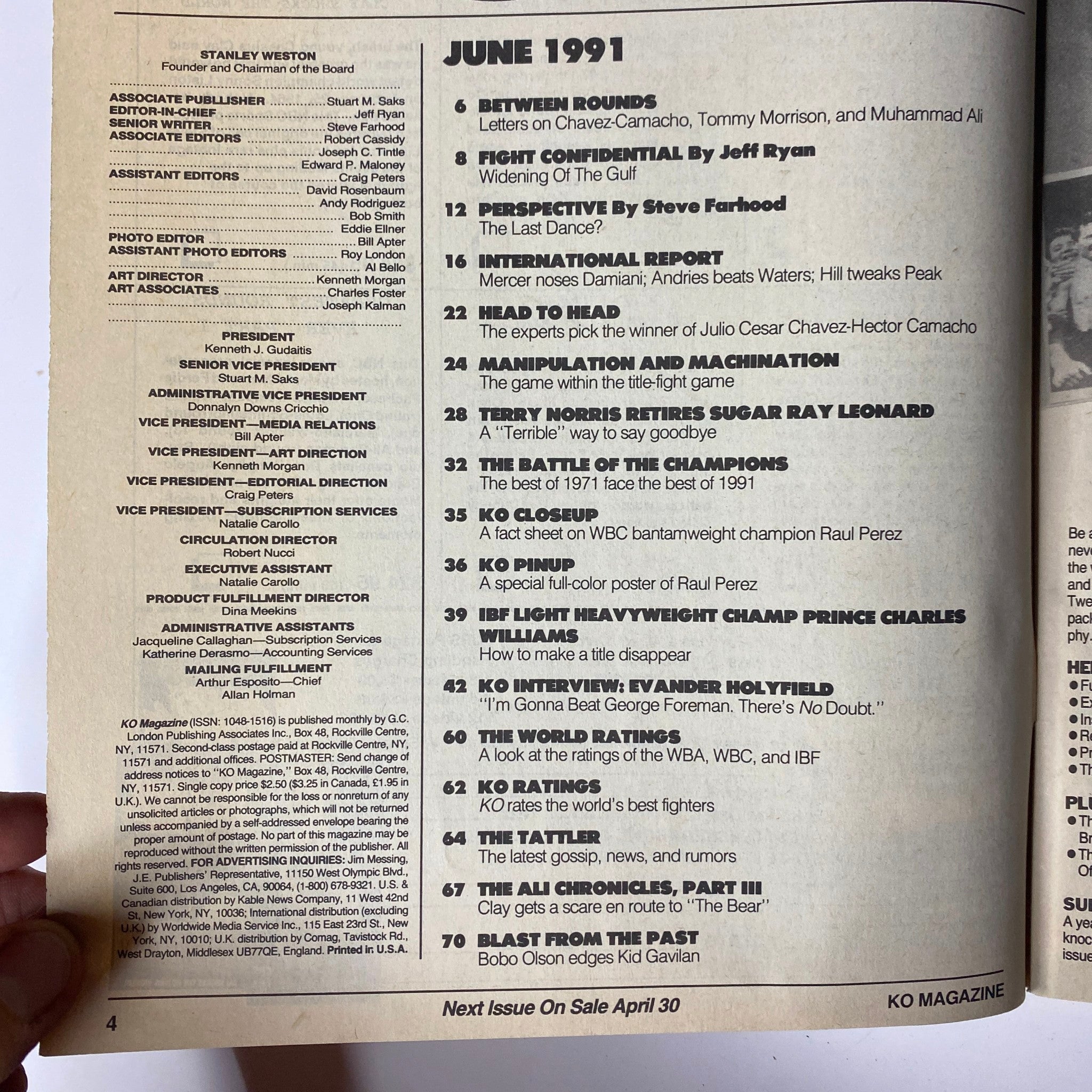 Table of contents for KO Boxing Magazine June 1991, listing feature articles and interviews, including Evander Holyfield's exclusive interview.