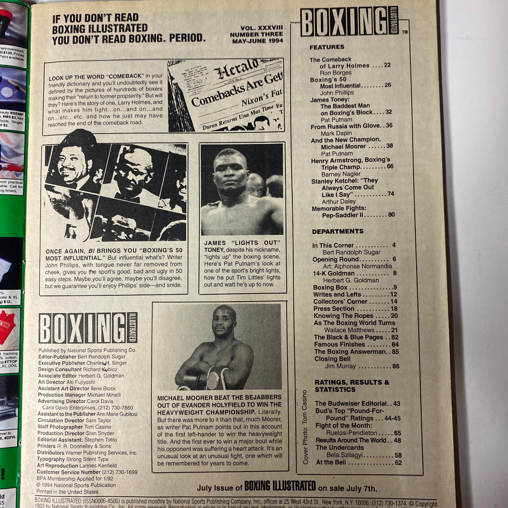 Inside page of Boxing Illustrated Magazine May - June 1994 showing features including Michael Moorer's victory and articles on prominent boxers.