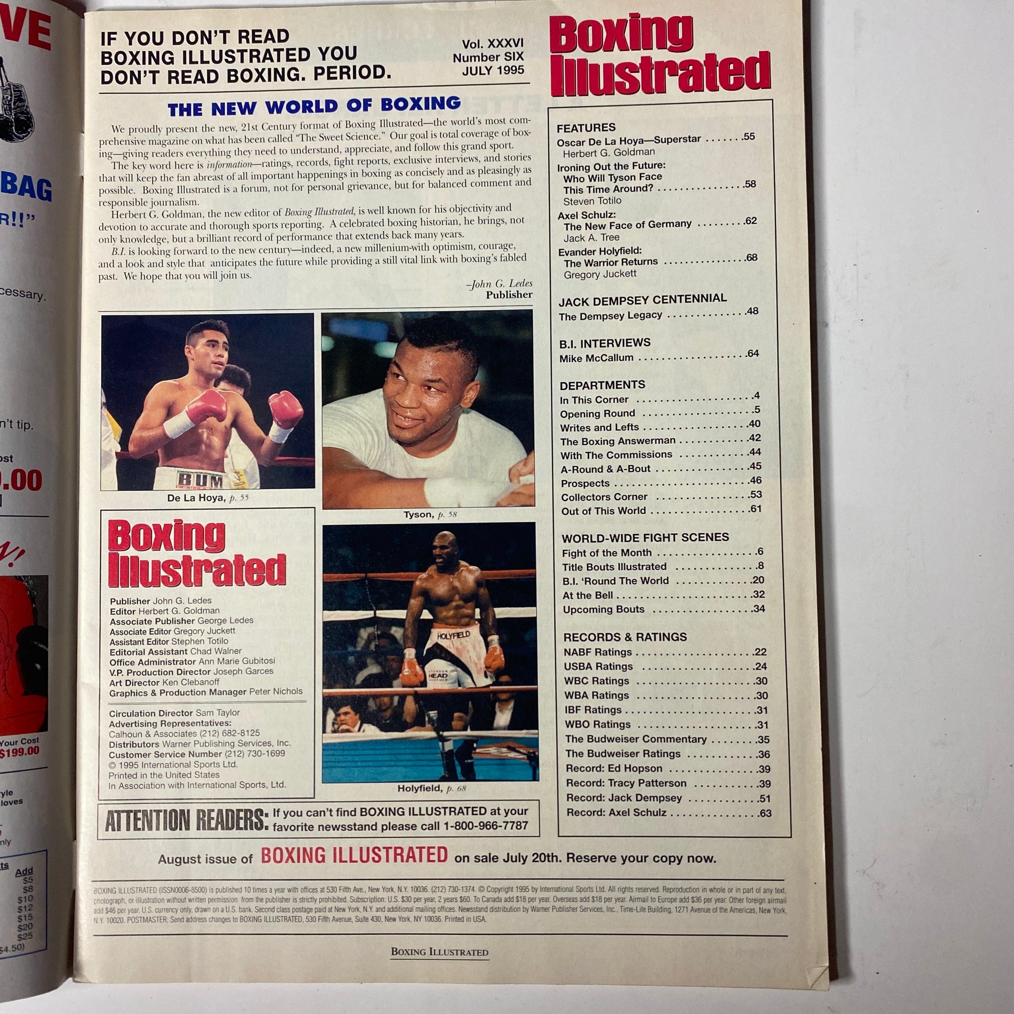 Boxing Illustrated Magazine July 1995 issue featuring key content such as Oscar De La Hoya, Mike Tyson, and other boxing highlights. Includes magazine layout preview with features and articles from the mid-1990s boxing scene.