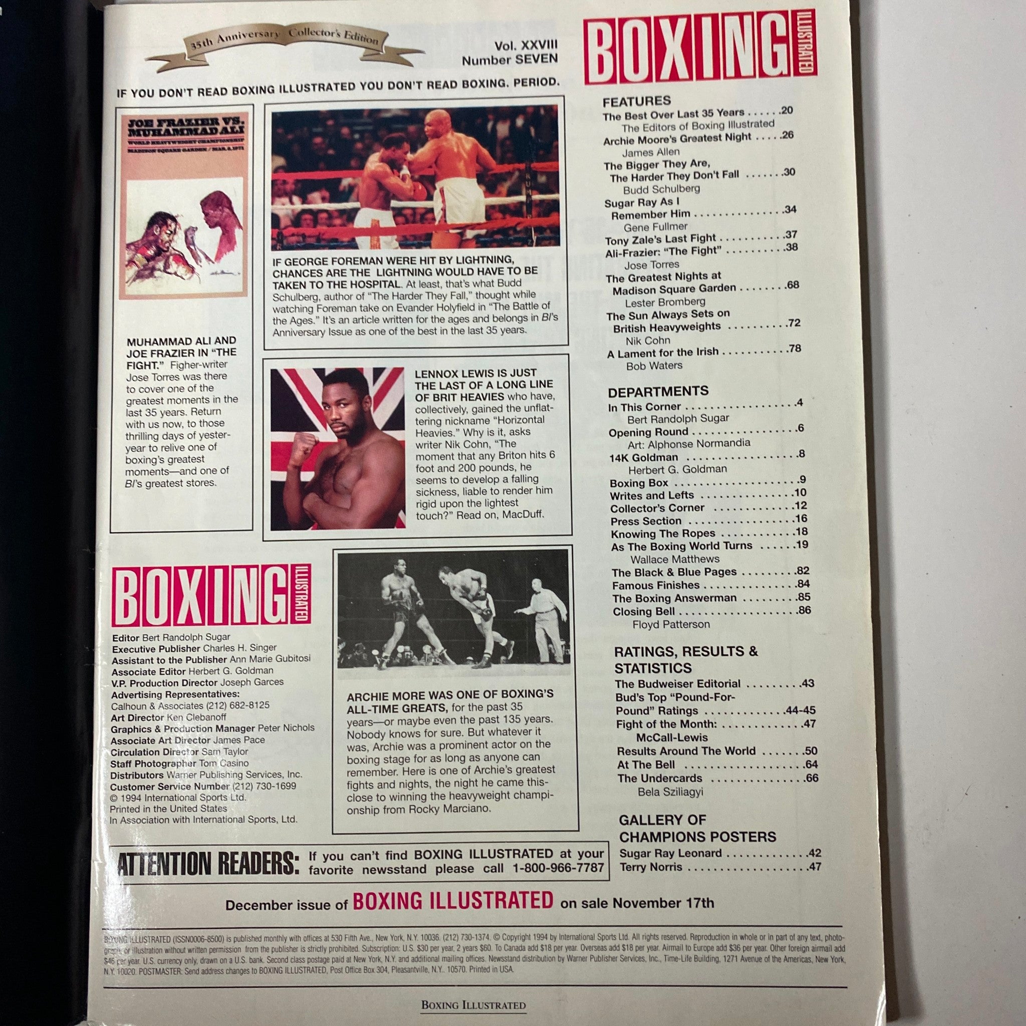 Inside page of Boxing Illustrated Magazine 1994 showcasing features, ratings, results, and the history of boxing legends in the 35th Anniversary Collector’s Edition.