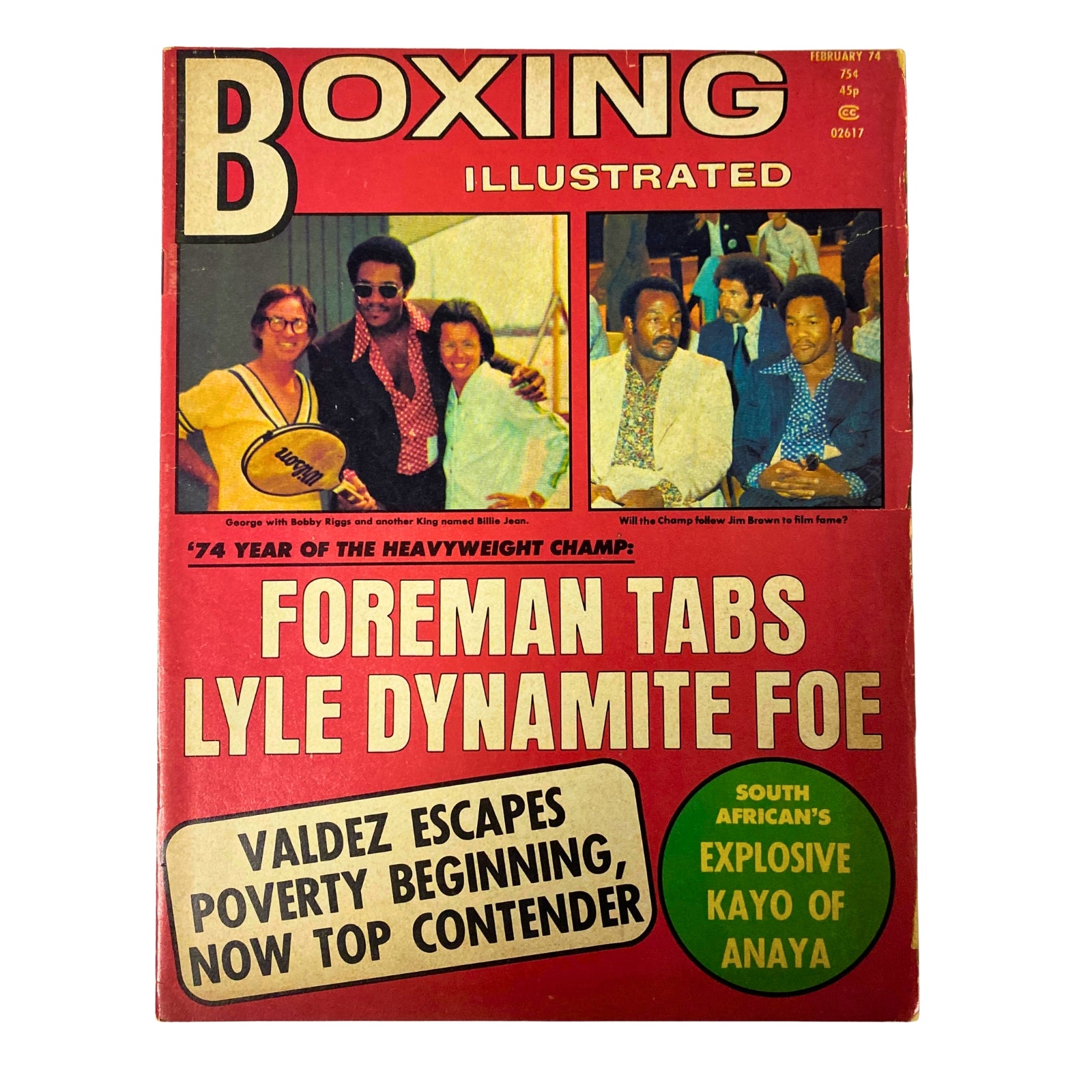 Boxing Illustrated Magazine cover from February 1974 featuring George Foreman and Jim Brown, showcasing the highlights of Foreman's boxing career and notable fights.