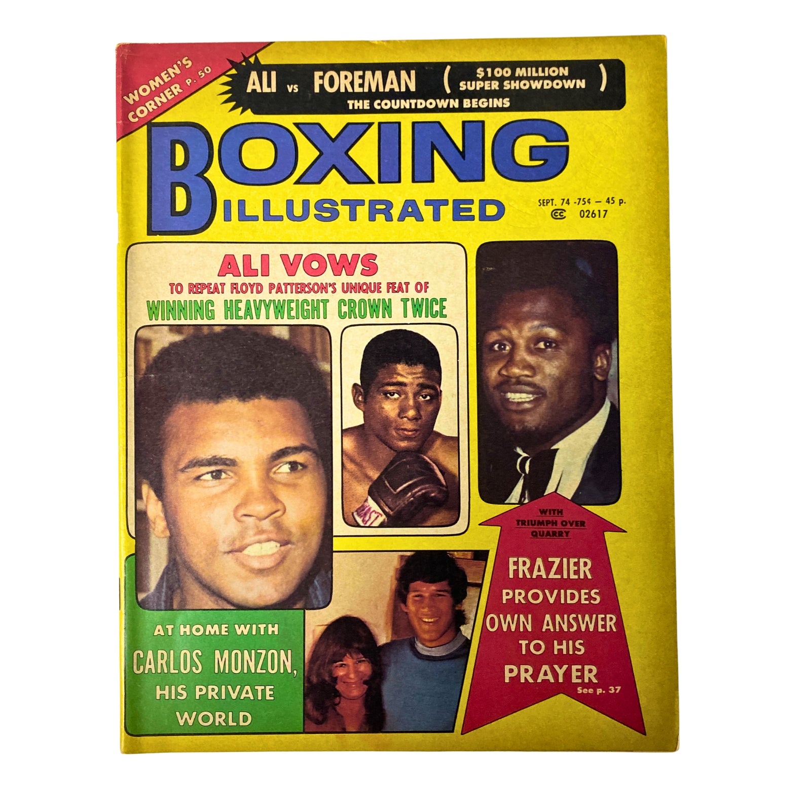 Boxing Illustrated Magazine September 1974 featuring Muhammad Ali and Carlos Monzon on the cover, highlighting their significance in boxing history.