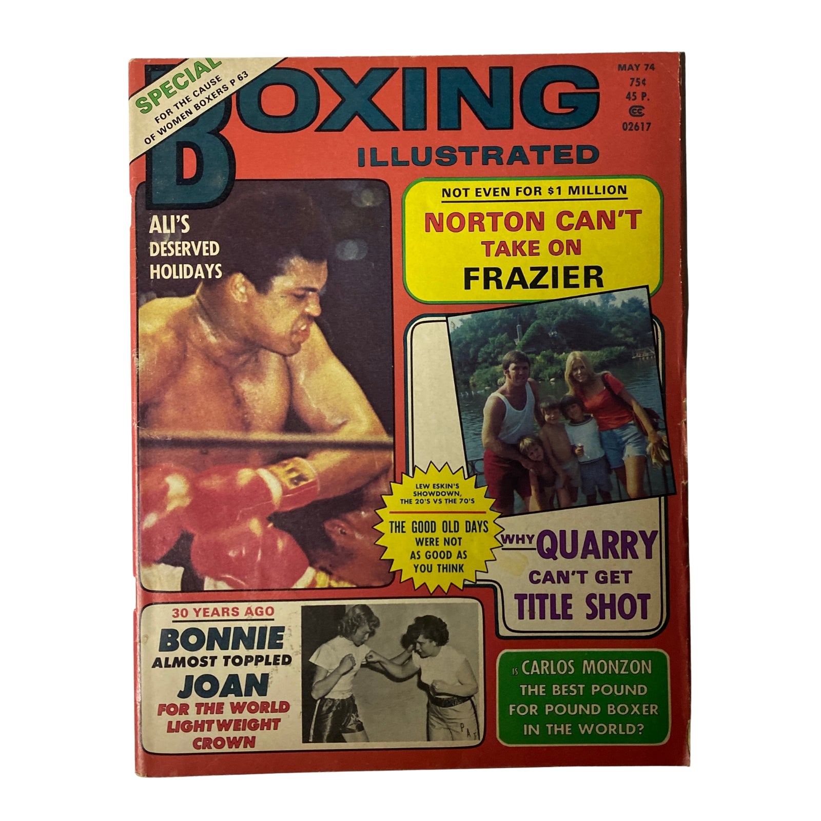 Boxing Illustrated Magazine May 1974 featuring Muhammad Ali and Joe Frazier on the cover, showcasing intense boxing rivalry, articles on heavyweight matchups, and comprehensive boxing updates.