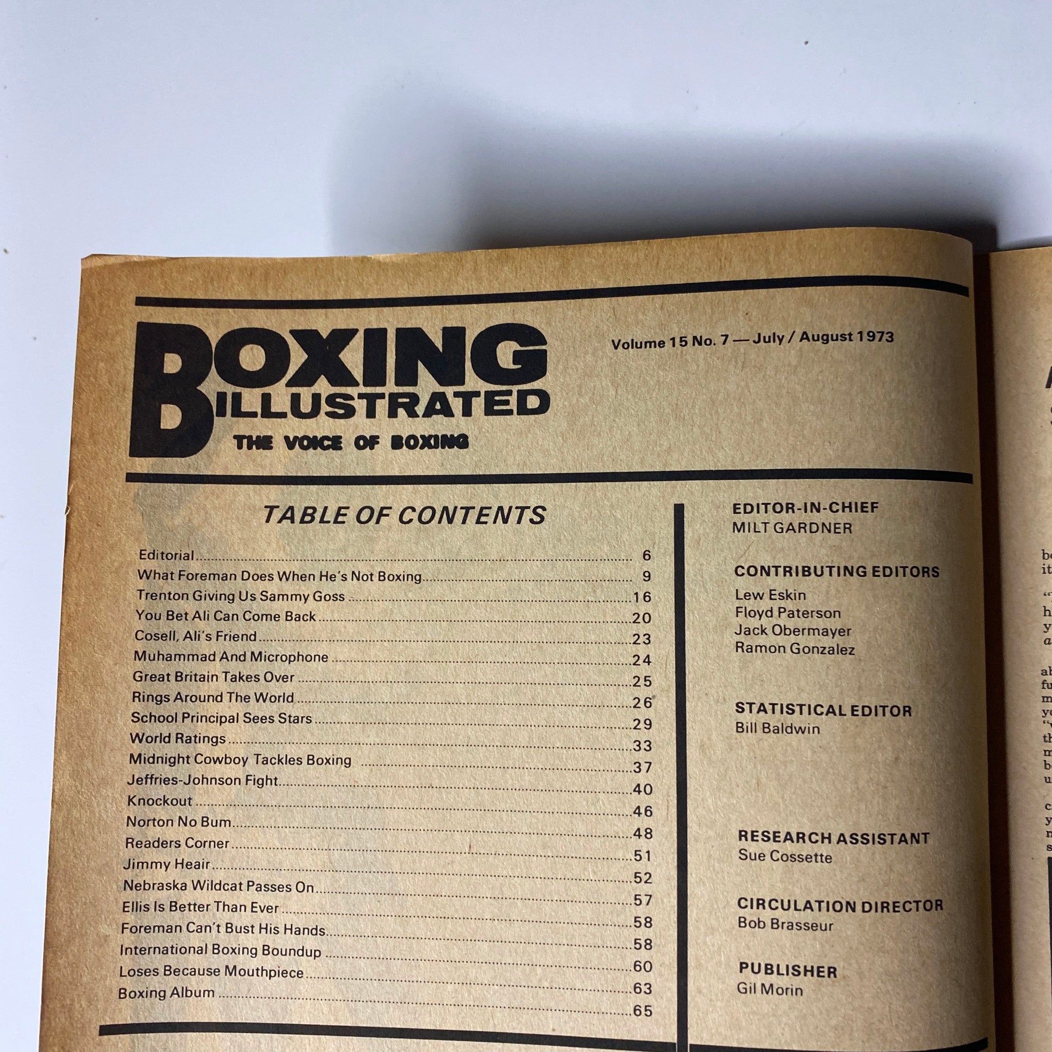 Table of Contents from Boxing Illustrated Magazine August 1973, detailing sections including editorial insights, international boxing reports, and profiles of fighters, enhancing the overall understanding of the magazine's theme.