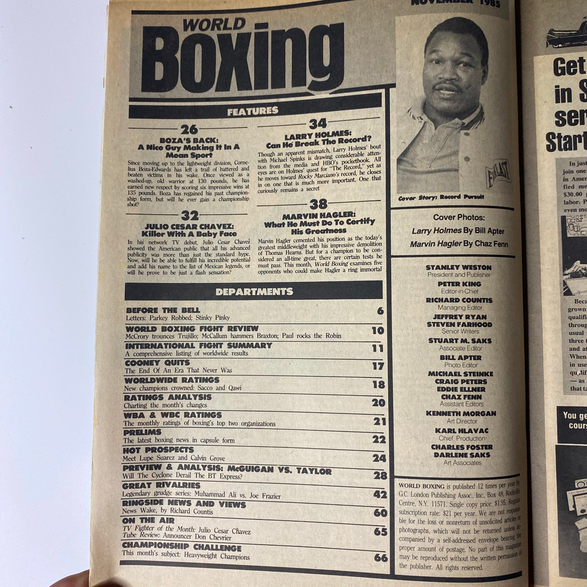 Interior page of the November 1985 issue of World Boxing Magazine, detailing features on boxers including a section on Larry Holmes and previews of notable fights, showcasing the magazine's comprehensive analysis of the boxing scene.