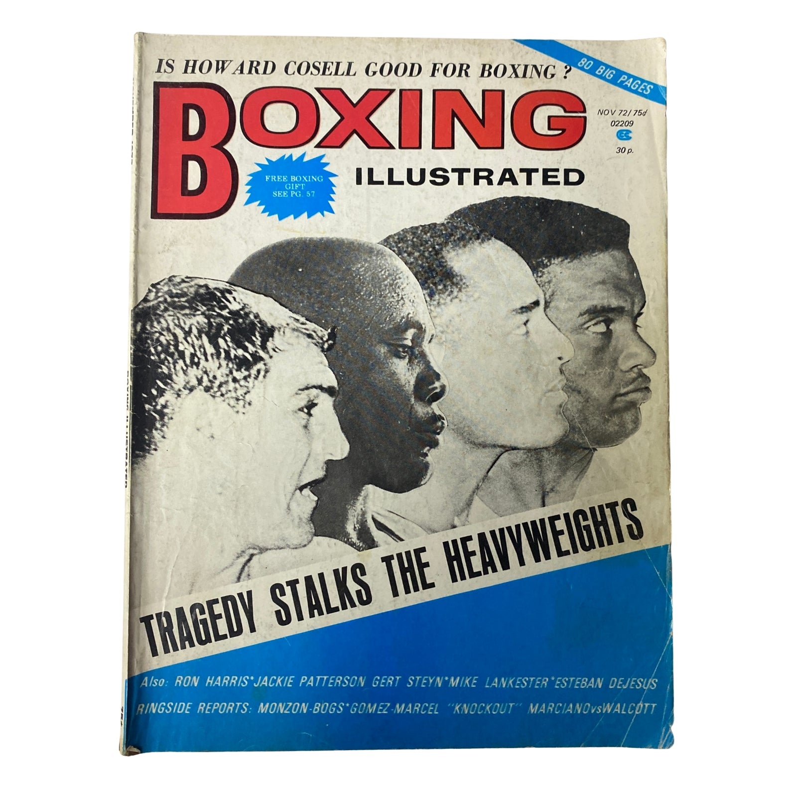 Cover of Boxing Illustrated Magazine November 1972 featuring a prominent headline on Howard Cosell, illustrations of boxing figures, and the article 'Tragedy Stalks the Heavyweights.'