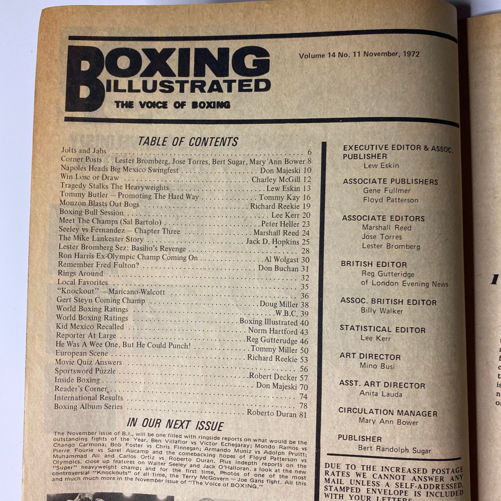 Table of contents page of Boxing Illustrated Magazine November 1972, outlining various articles and features including 'Jolts and Jabs' and 'Tommy Butler - Promoting the Hard Way.'