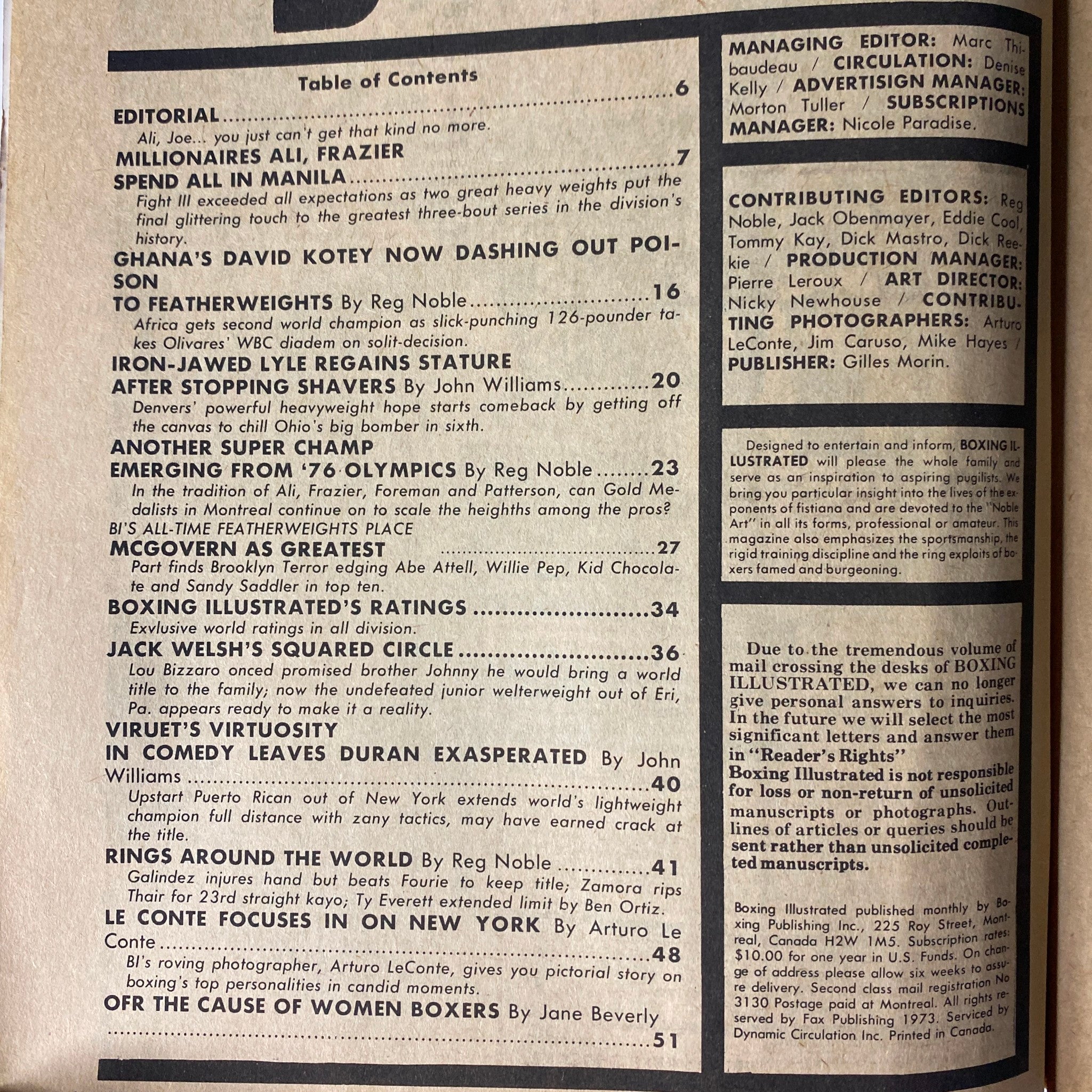 Boxing Illustrated Magazine January 1976 Table of Contents featuring articles such as 'Millionaires Ali & Frazier Spend All in Manila' and 'Ghana’s David Kotey Wins WBC Featherweight Title', providing an overview of this issue with Muhammad Ali on the cover.