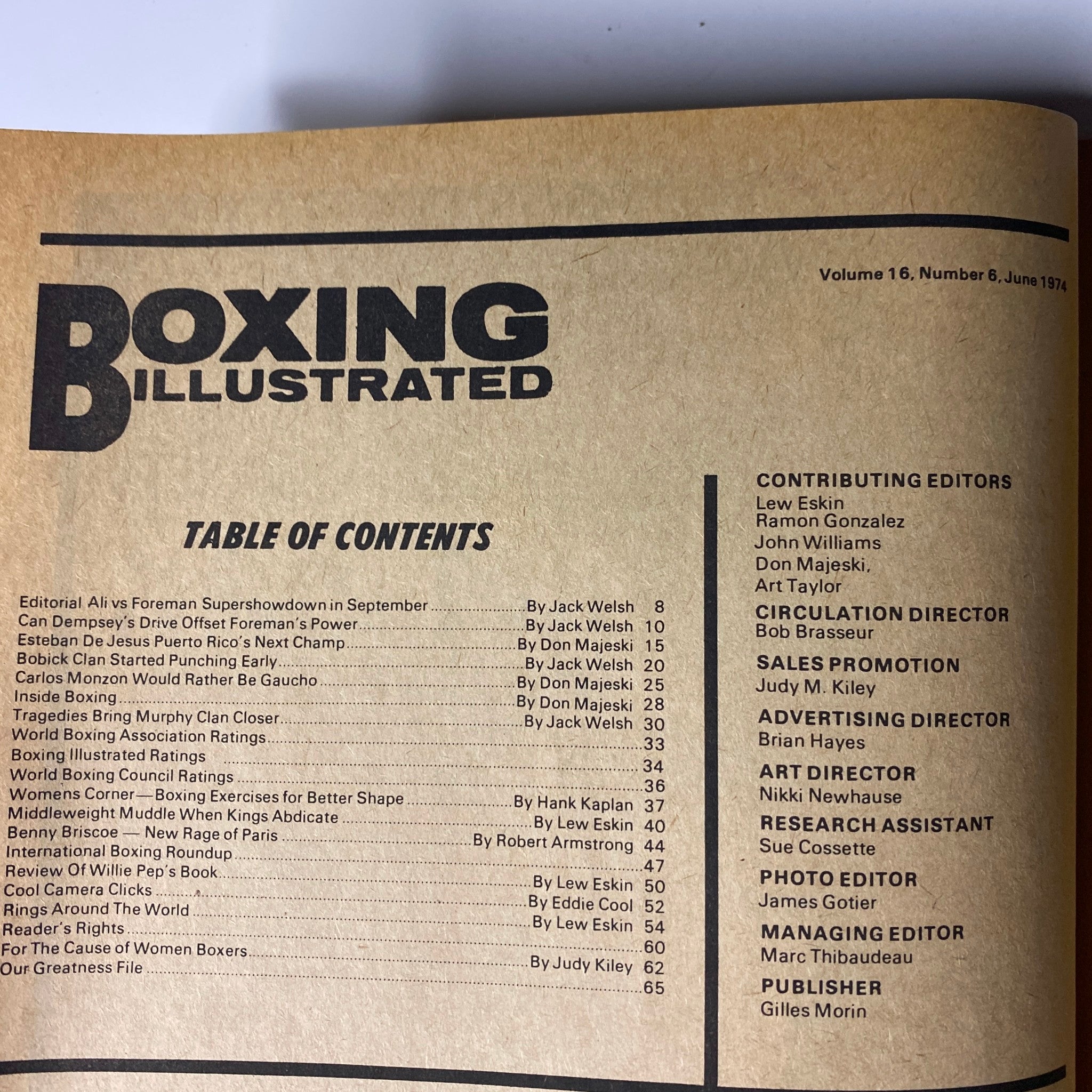 Table of contents from Boxing Illustrated Magazine - June 1974 featuring articles including Ali vs. Foreman Supershowdown and profiles of boxing legends.
