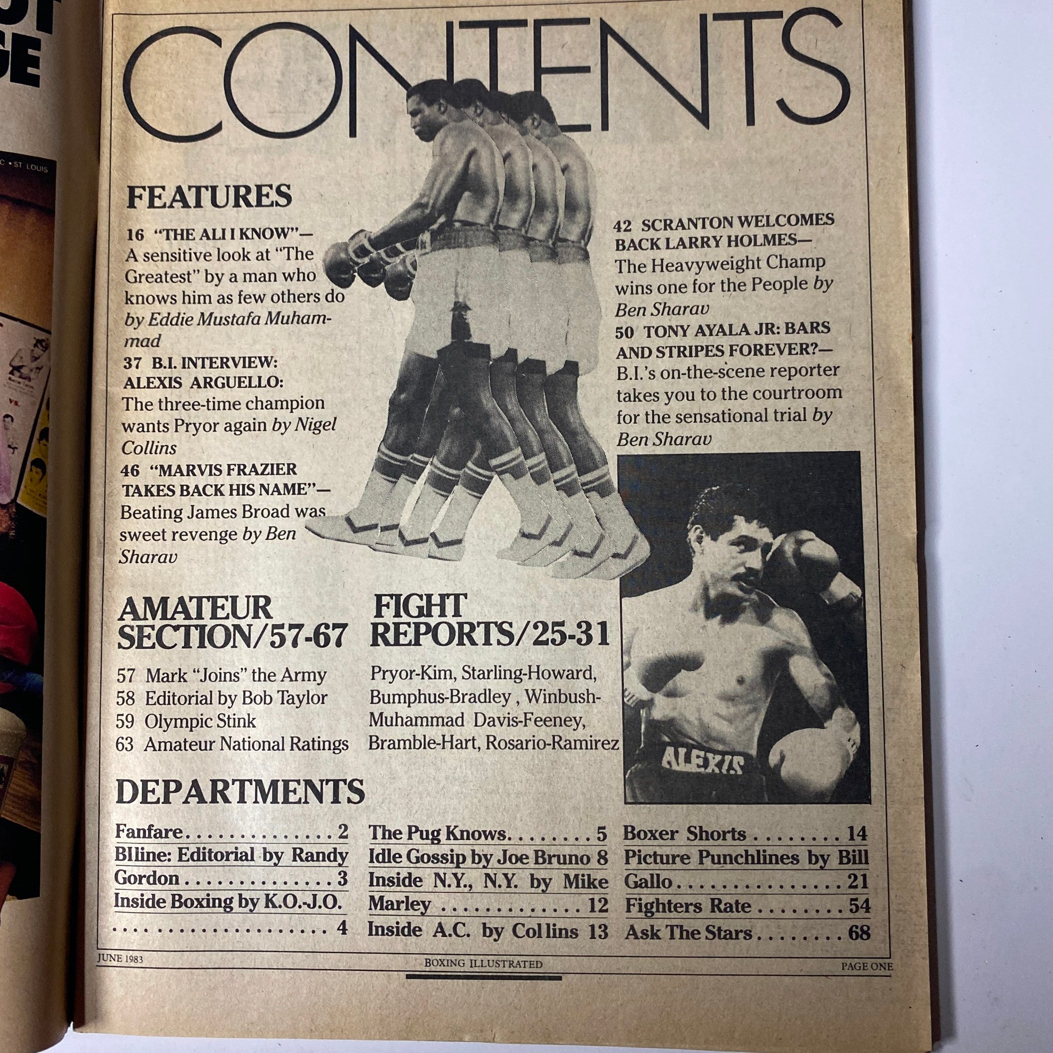 Contents page of Boxing Illustrated Magazine June 1983 detailing features, amateur section, and fight reports, highlighting boxing articles and interviews.