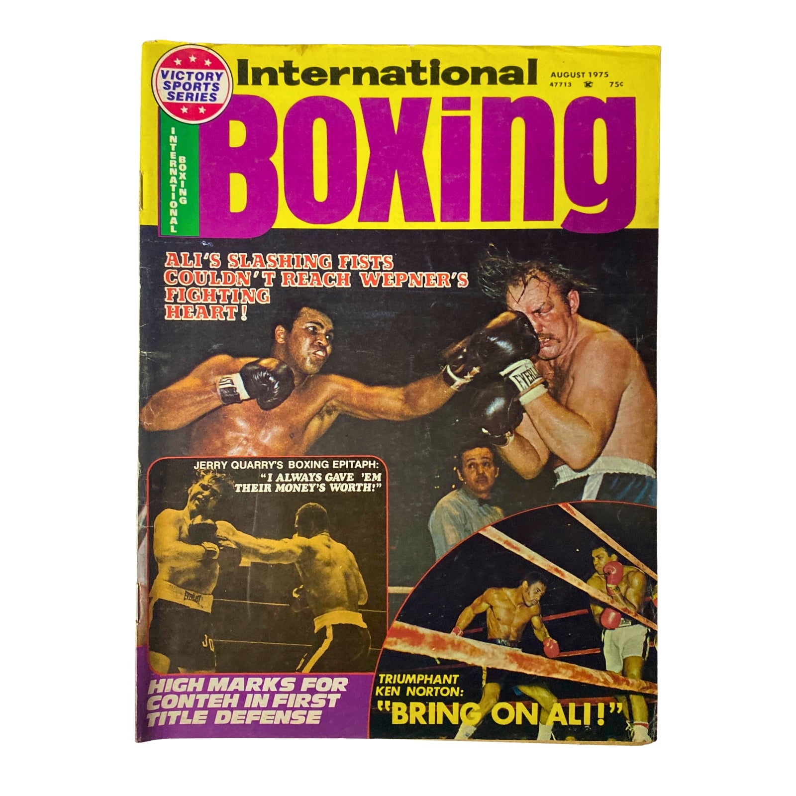 August 1975 issue of International Boxing Magazine featuring Muhammad Ali and Chuck Wepner on the cover, highlighting their iconic fight. The magazine showcases boxing action with vibrant colors.