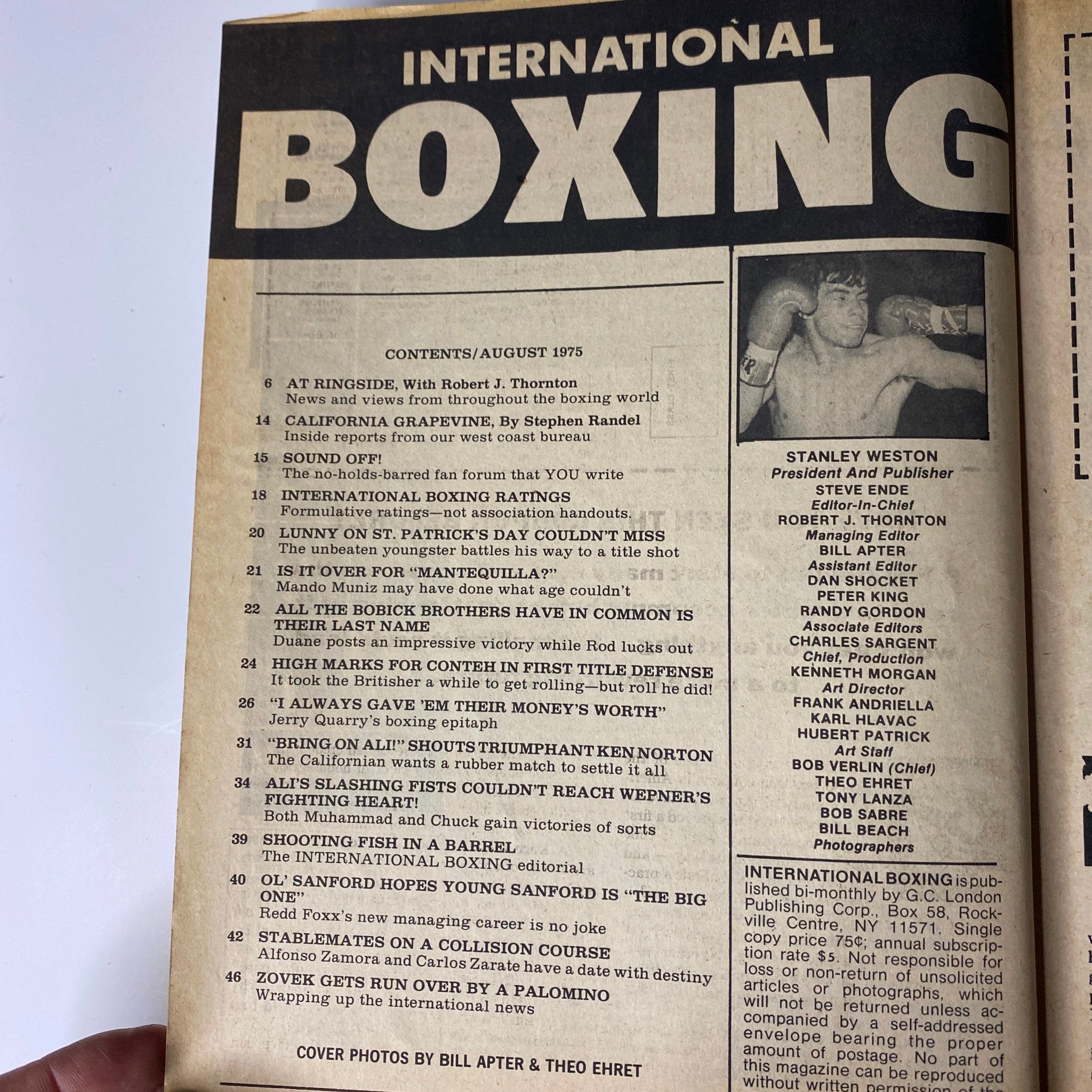 Contents page of the August 1975 International Boxing Magazine, displaying articles and features related to boxing, including commentary by Robert J. Thornton and coverage of notable fighters.