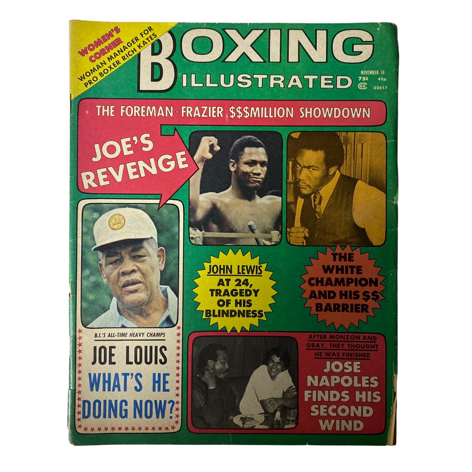 Cover of Boxing Illustrated Magazine November 1974 featuring Joe Louis and John Lewis, highlighting Foreman-Frazier showdown and showcasing articles on boxing history.