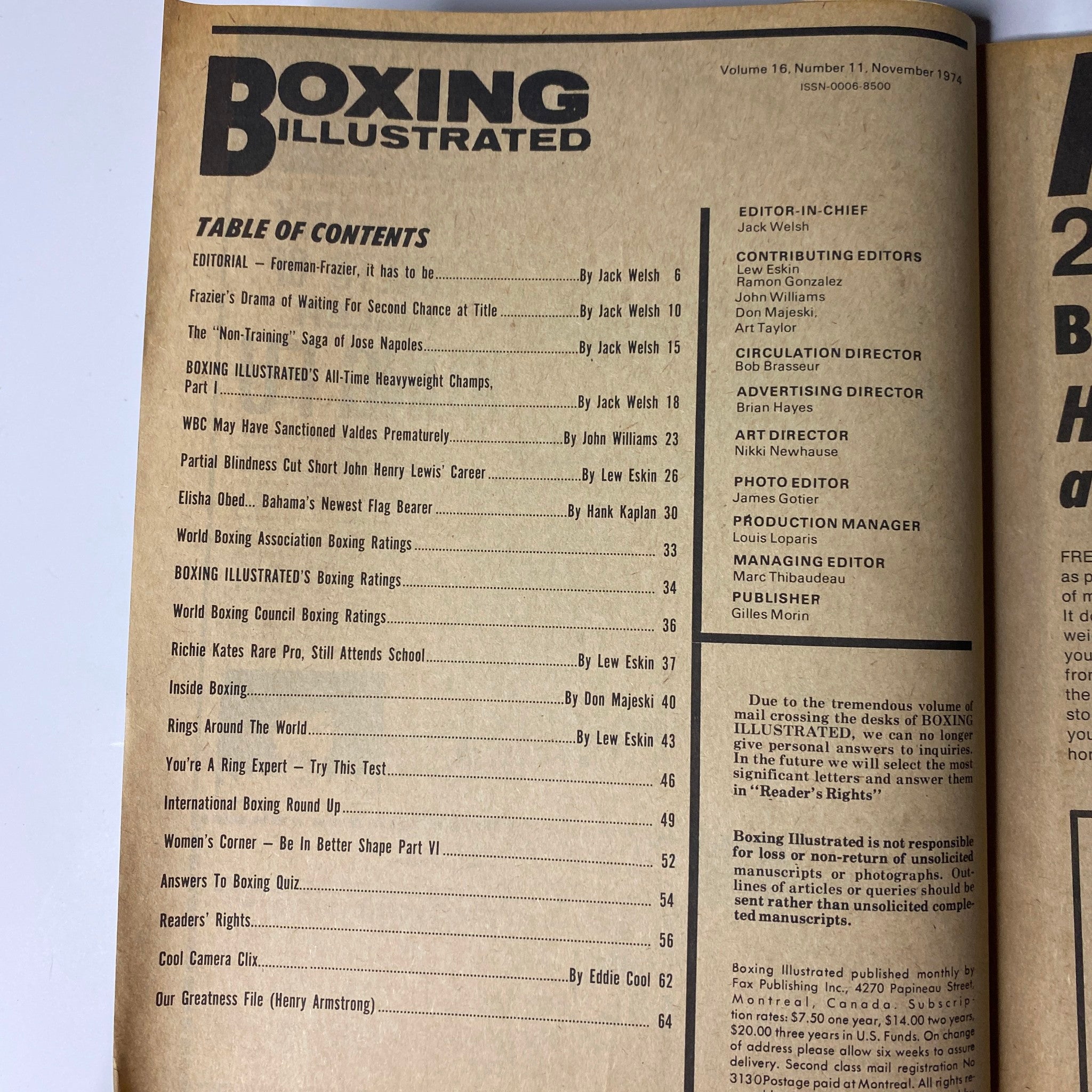 Table of contents from Boxing Illustrated Magazine November 1974, detailing feature articles and editorials including coverage on heavyweight boxing.