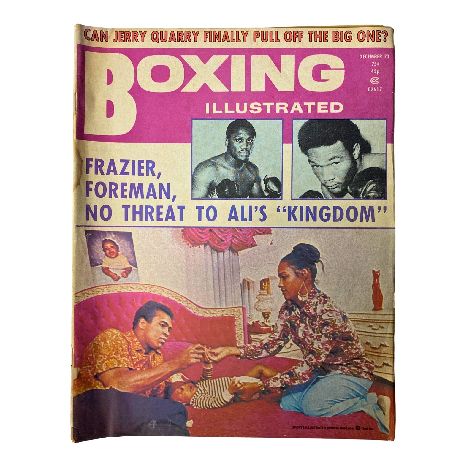 Cover of Boxing Illustrated Magazine December 1973 featuring Muhammad Ali, with a headline about Joe Frazier and George Foreman, showcasing the vibrant color and captivating design of the magazine.