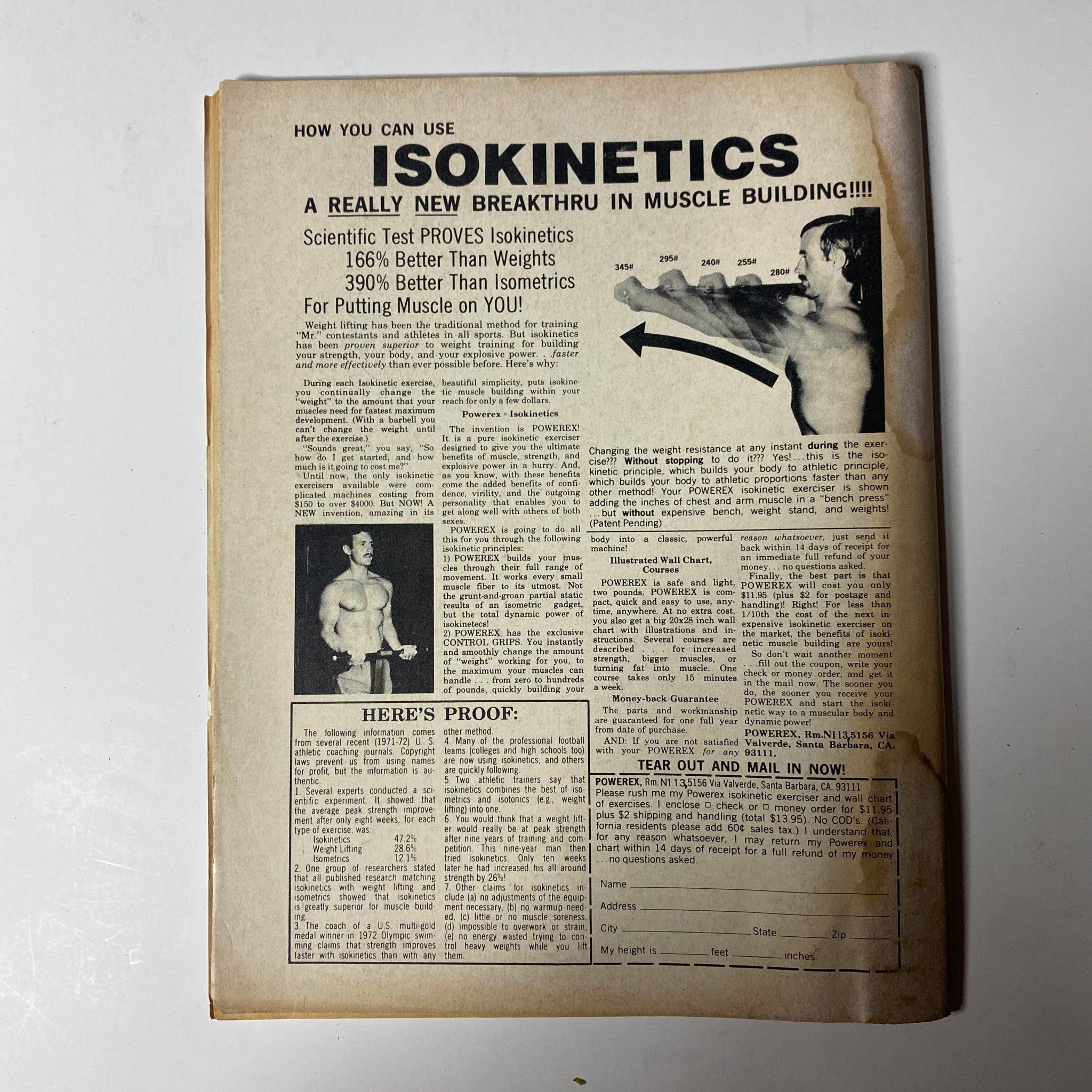 Back cover of Boxing Illustrated Magazine December 1973, displaying an advertisement for Isokinetics along with a related image, emphasizing muscle building and fitness.